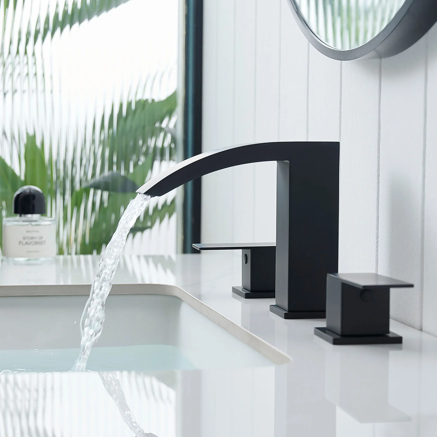 Matte Black 2 Handle Waterfall Widespread Bathroom Faucet for 3 Hole Sink
