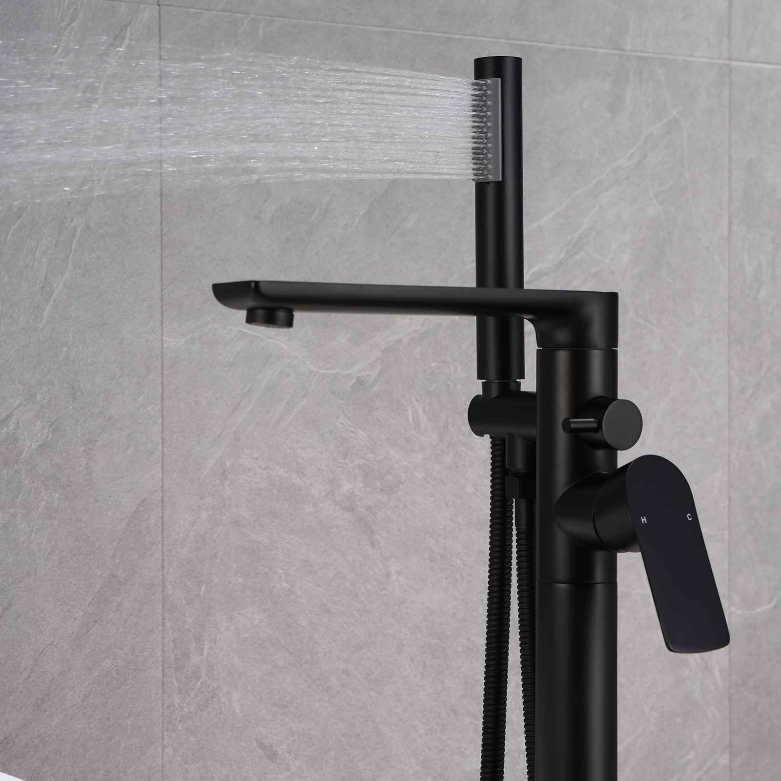 Matte Black Cylinder Hand Shower Freestanding Tub Faucet with Extended Horizontal Tap - Image 2