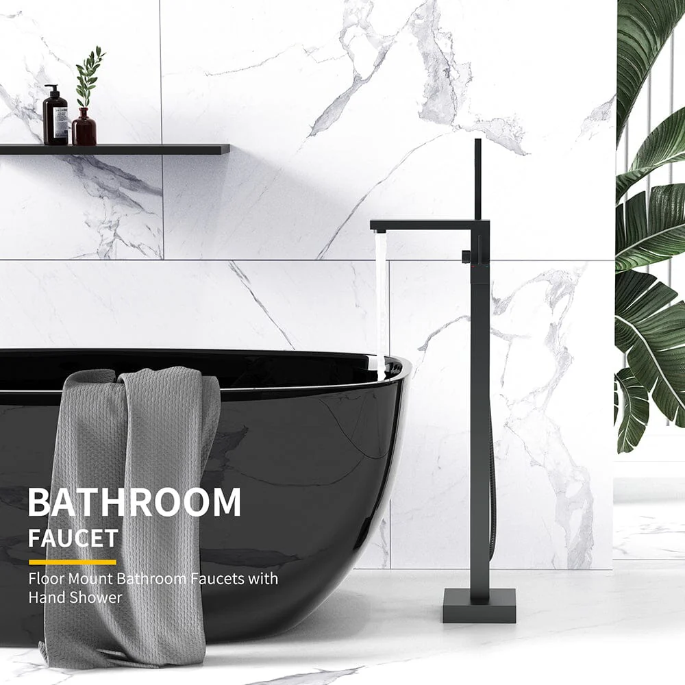 Matte Black Freestanding Bathtub Faucet Floor Mount Tub Filler Single Handle with Hand Shower - Image 3