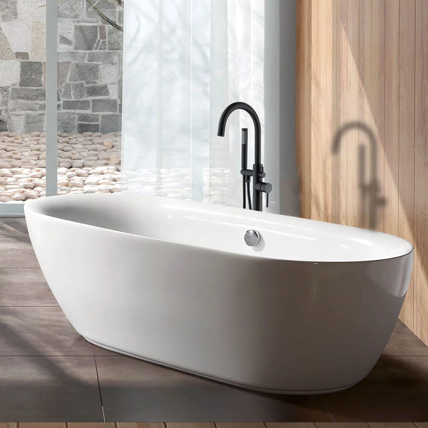 Matte Black Independent Freestanding Tub Faucet with Handheld Shower - Image 5