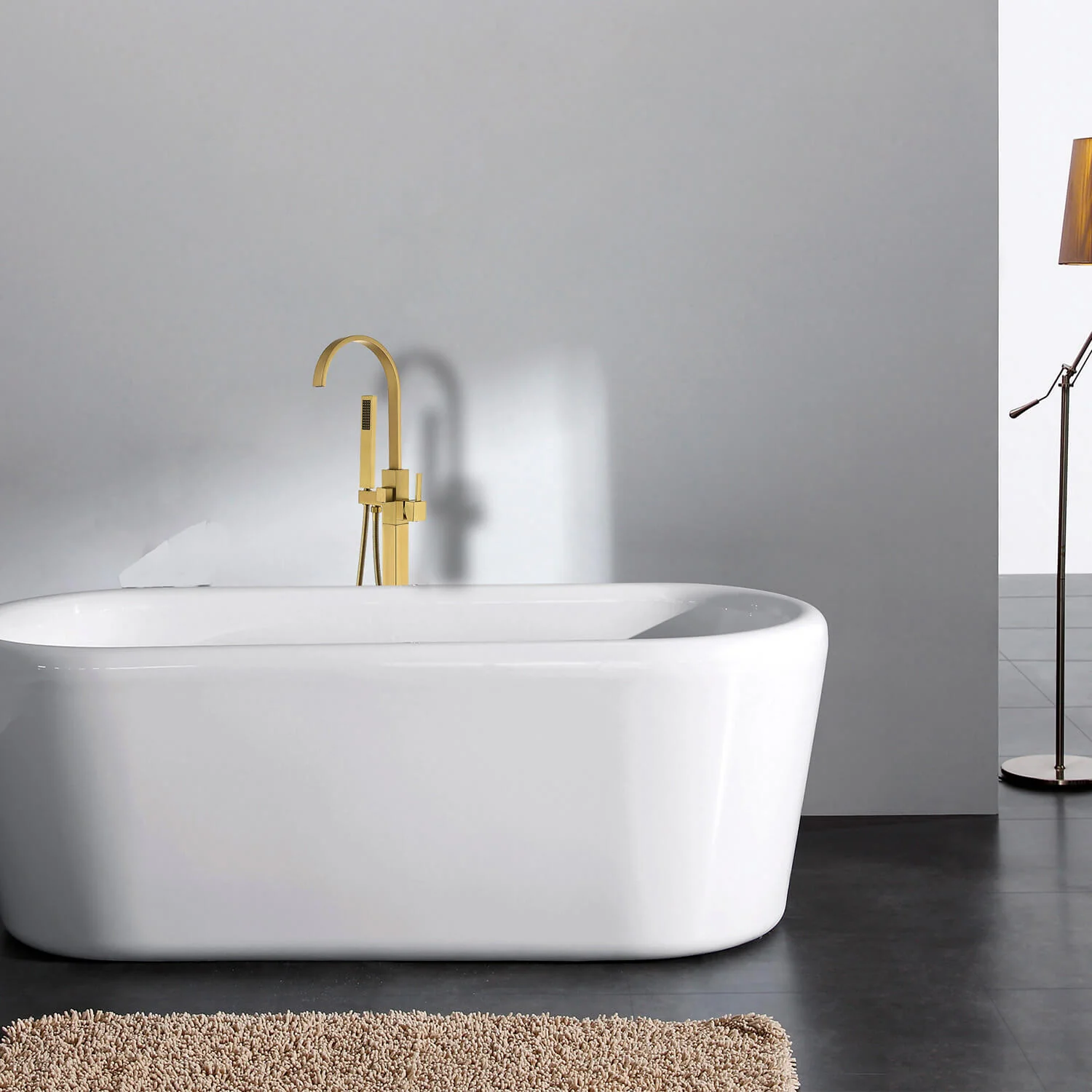 High Arc Waterfall Freestanding Tub Filler Floor Mount Bathtub Faucet with Handheld Shower - Image 3