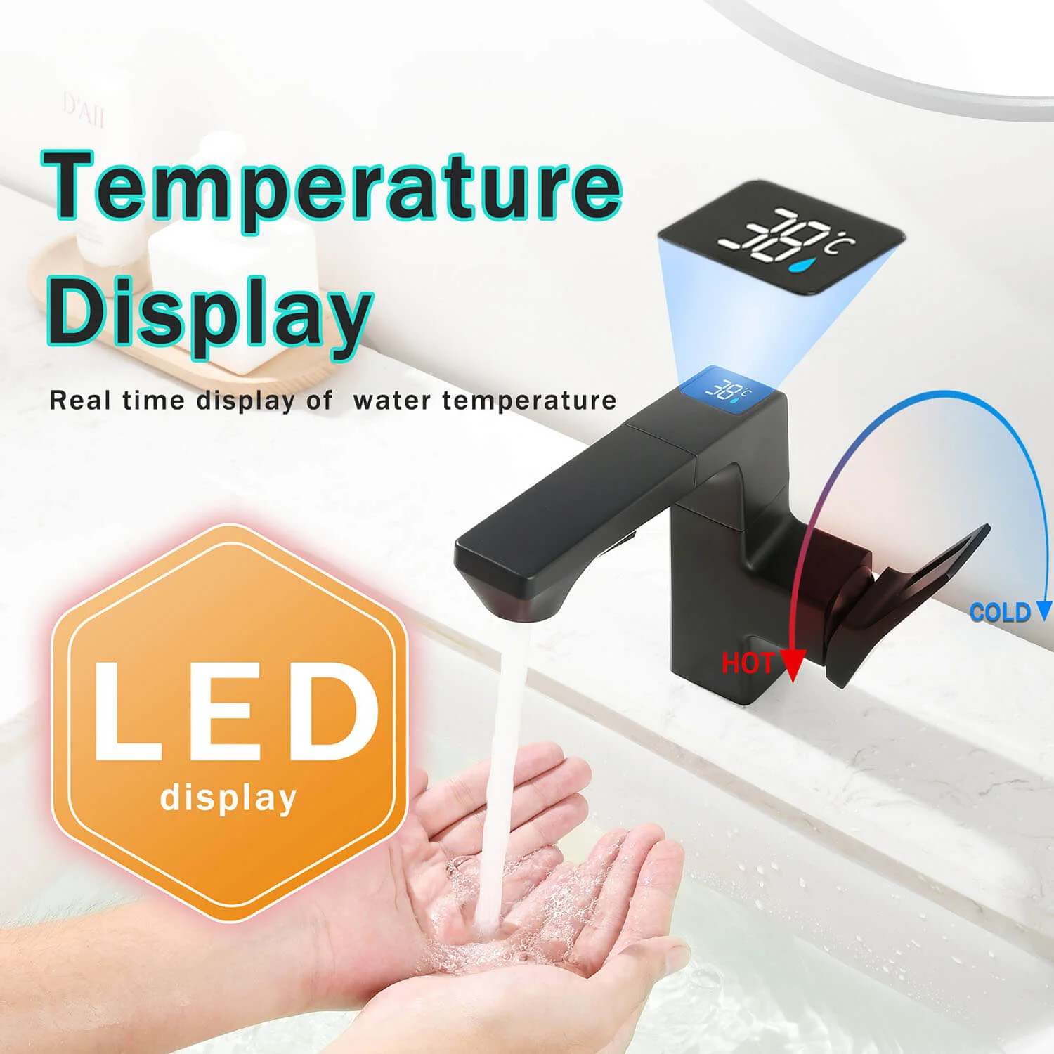 Matte Black Single Hole Pull-Down Bathroom Faucet with LED Temperature Display - Image 2