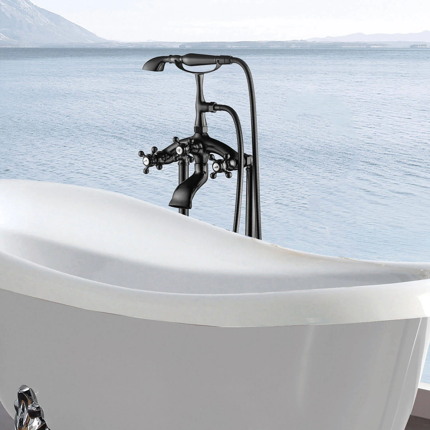 Matte Black Retro Independent Freestanding Tub Filler Faucet with Hand Shower - Image 2
