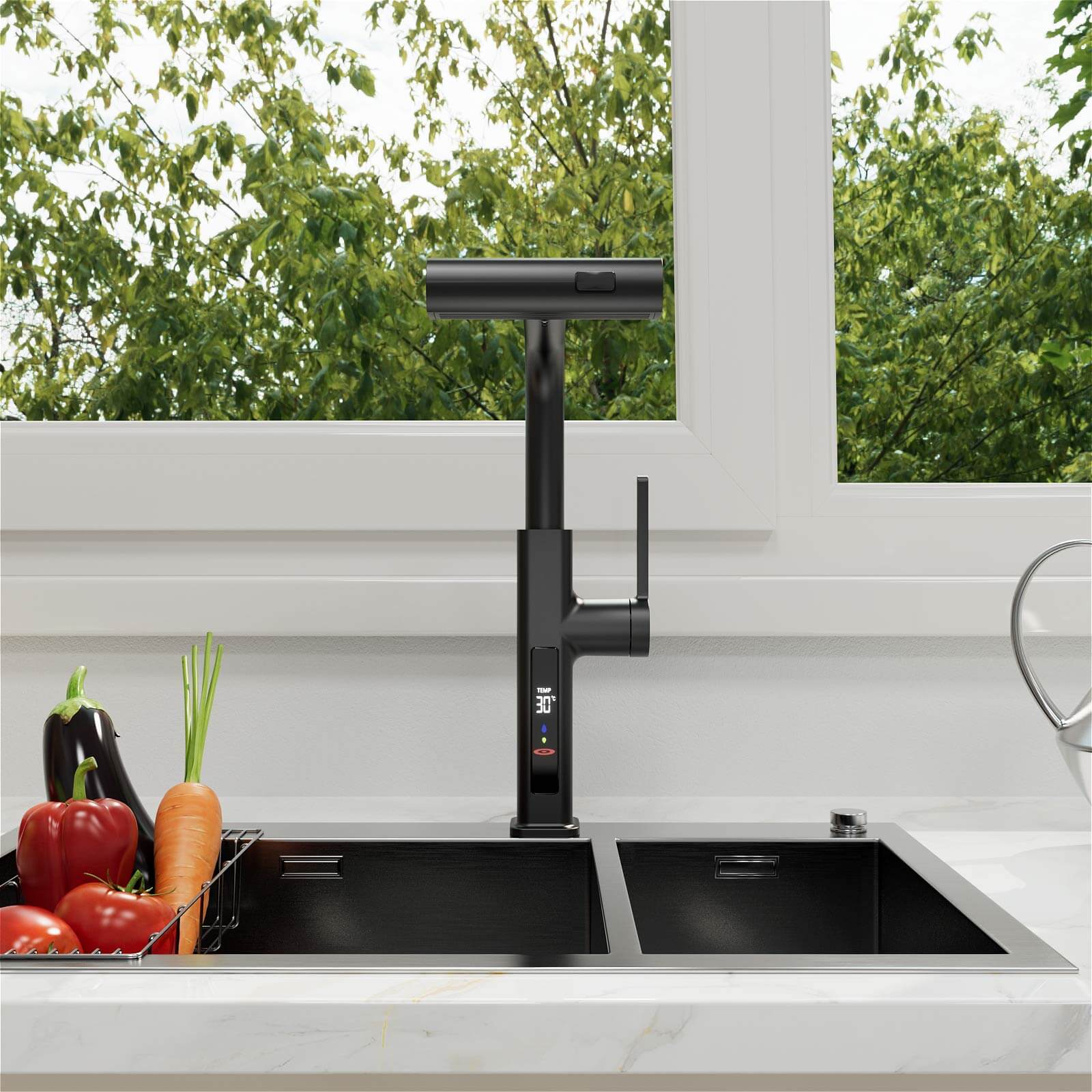 Matte Black Single-Handle Pull-Out Kitchen Faucet with Temperature Display - Image 3