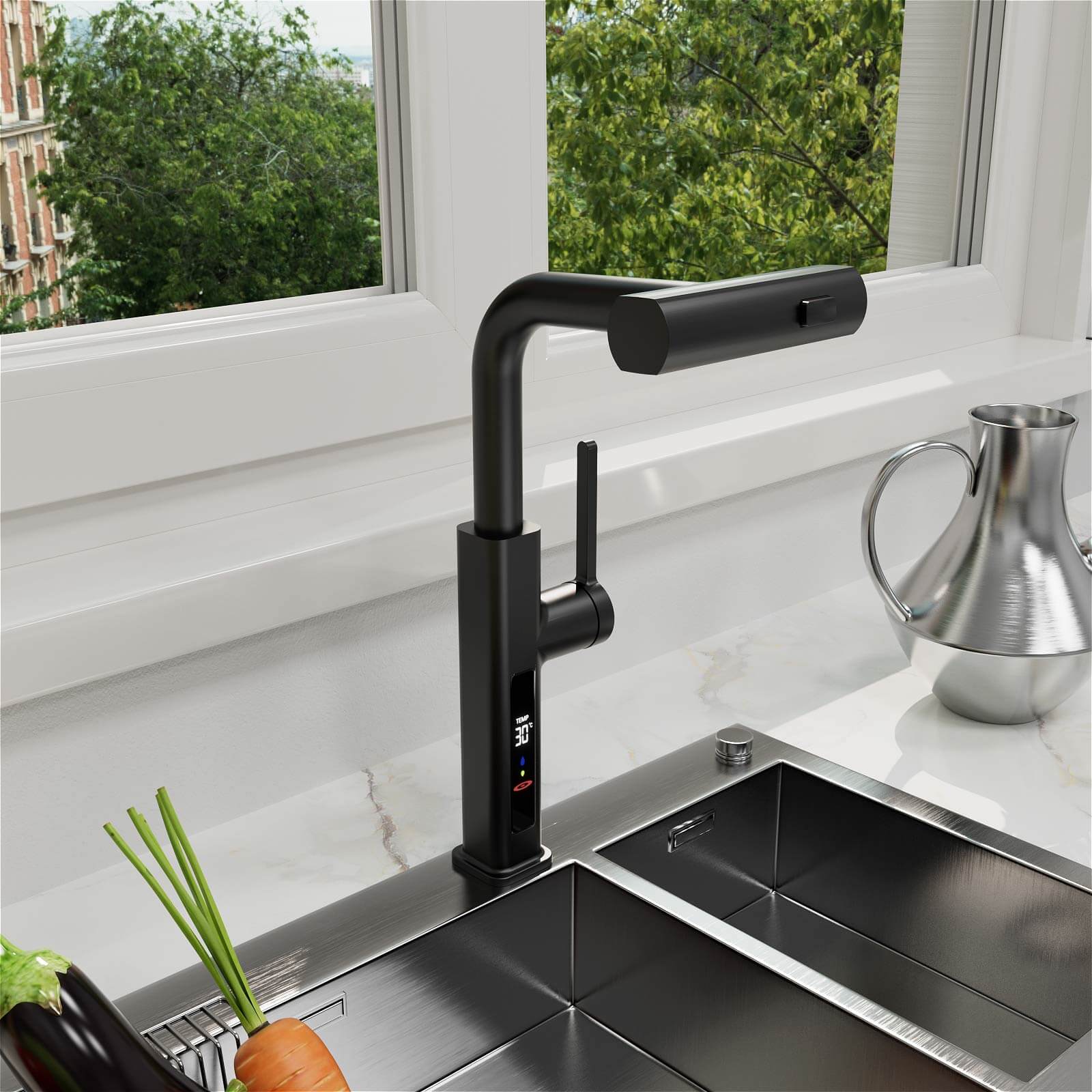 Matte Black Single-Handle Pull-Out Kitchen Faucet with Temperature Display - Image 4