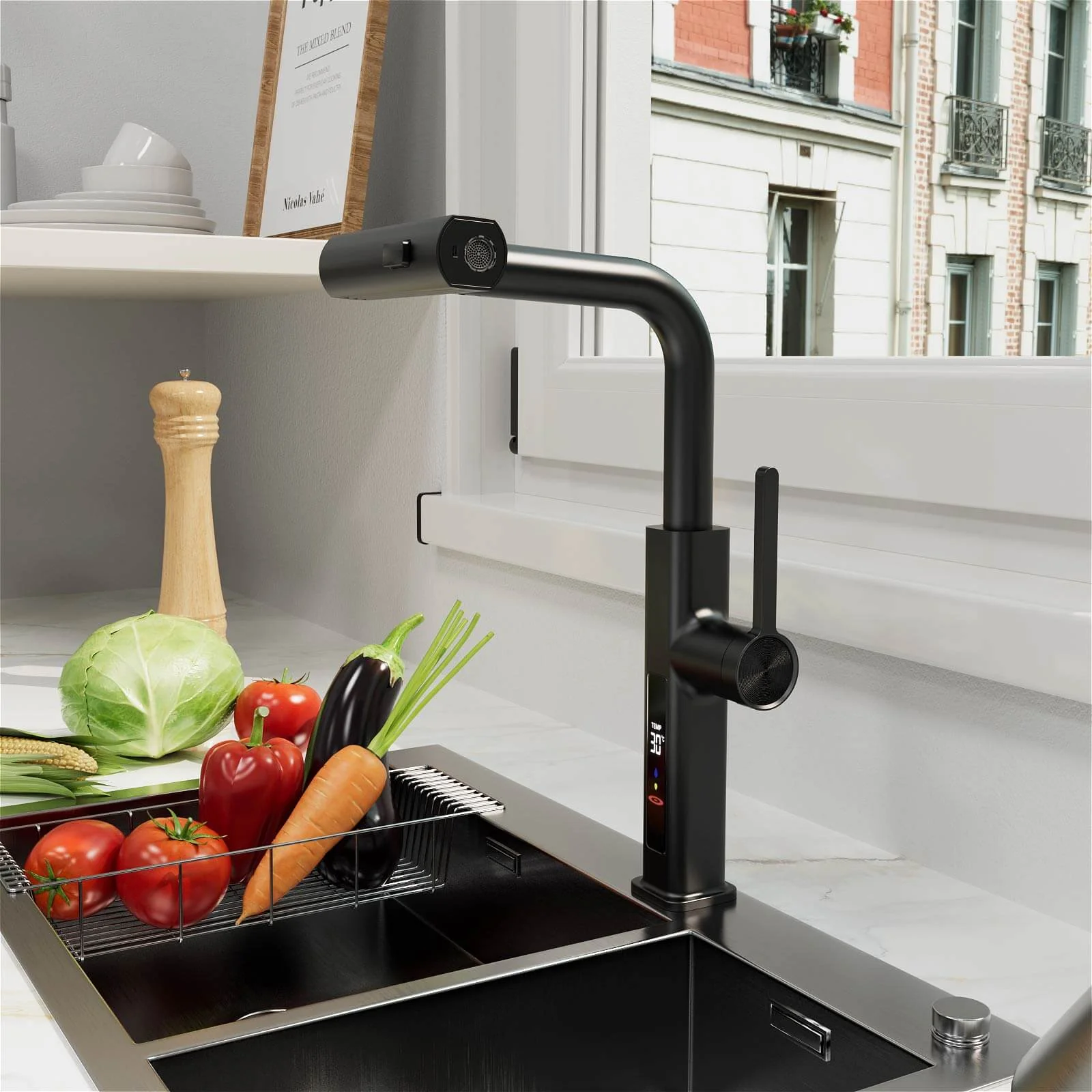 Matte Black Single-Handle Pull-Out Kitchen Faucet with Temperature Display - Image 5