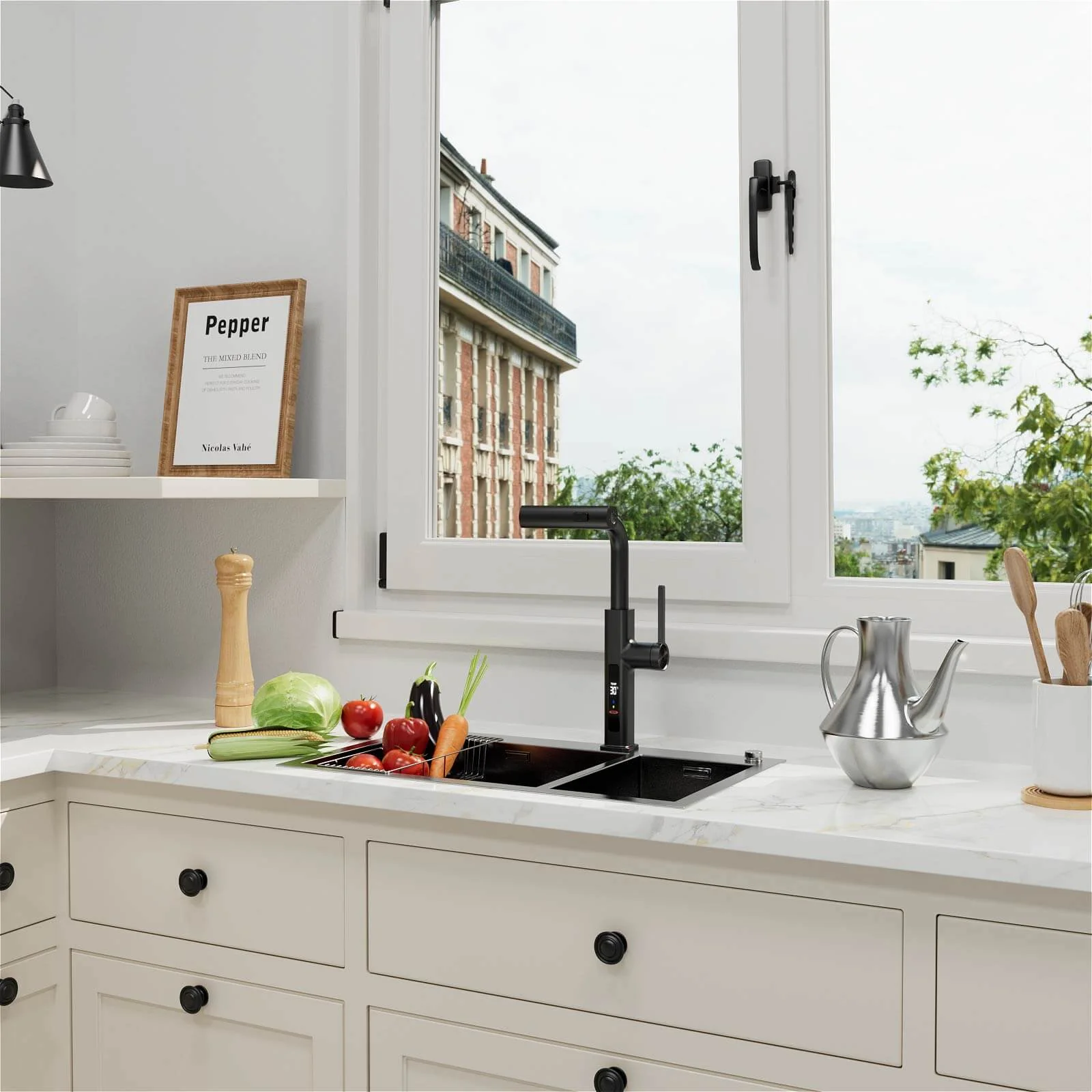 Matte Black Single-Handle Pull-Out Kitchen Faucet with Temperature Display - Image 6