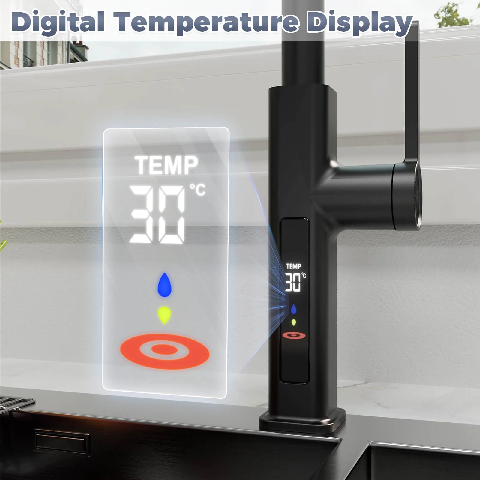 Matte Black Single-Handle Pull-Out Kitchen Faucet with Temperature Display - Image 7