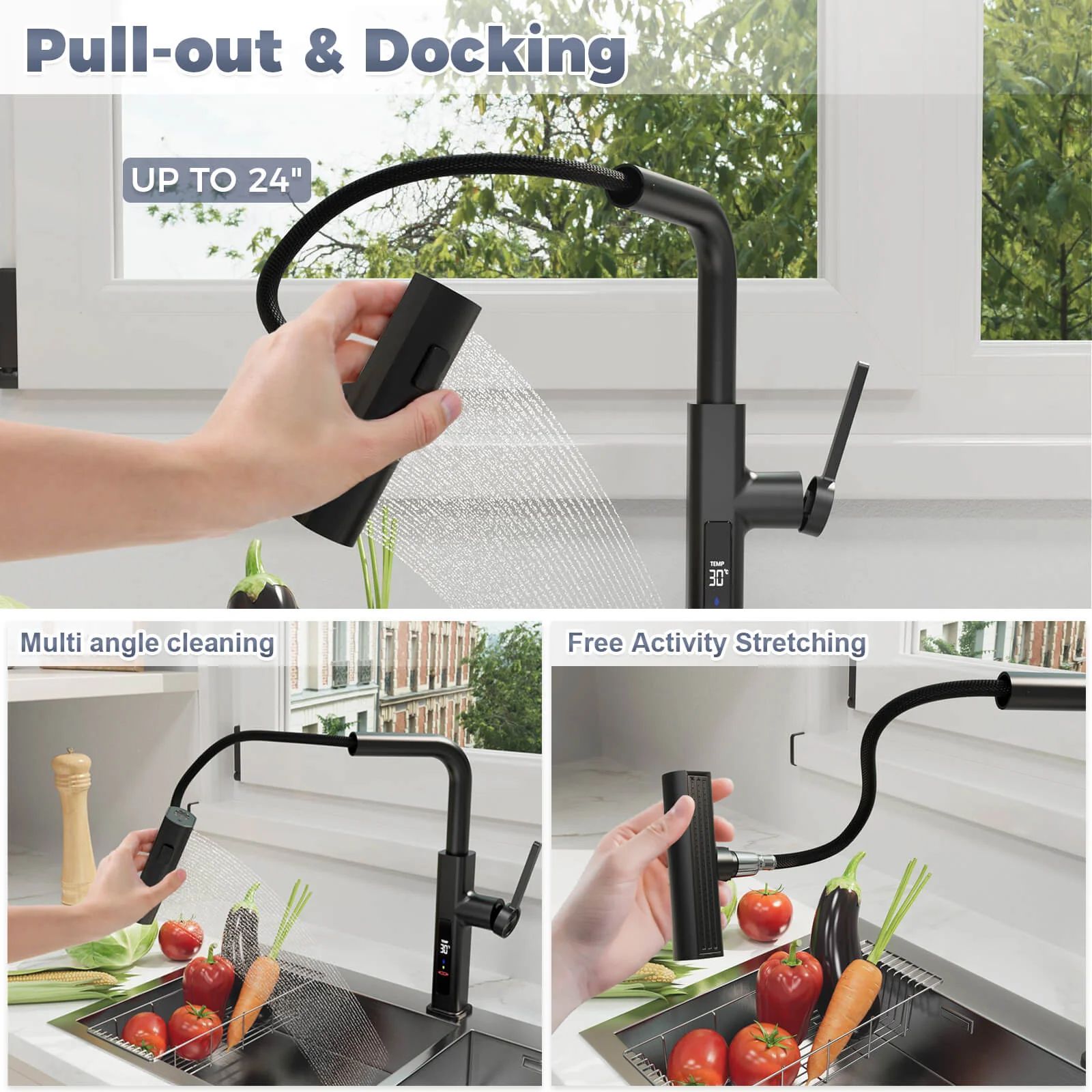 Matte Black Single-Handle Pull-Out Kitchen Faucet with Temperature Display - Image 8
