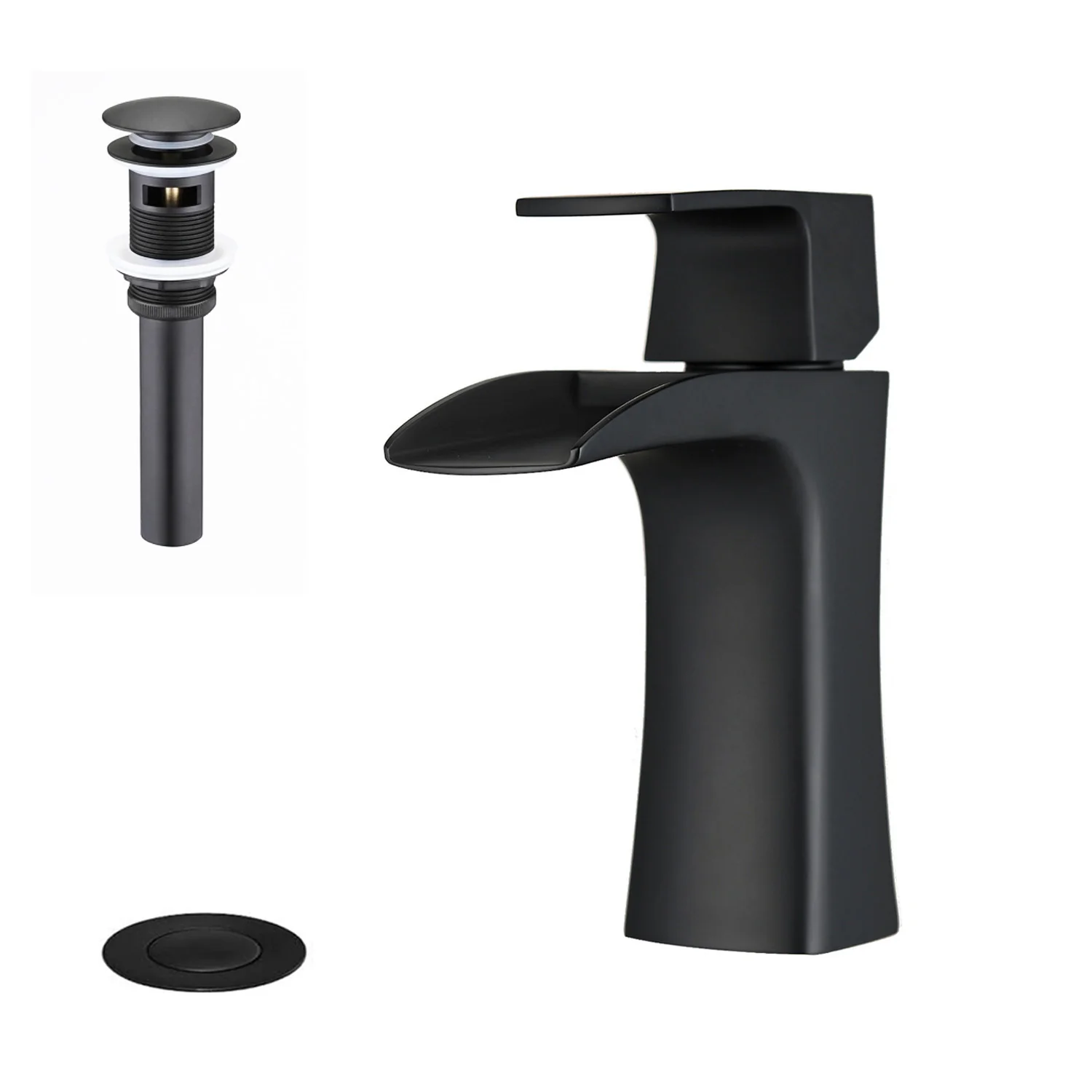 Matte Black Single Handle Single Hole Waterfall Bathroom Faucet Brass with Pop-up Drain - Image 2