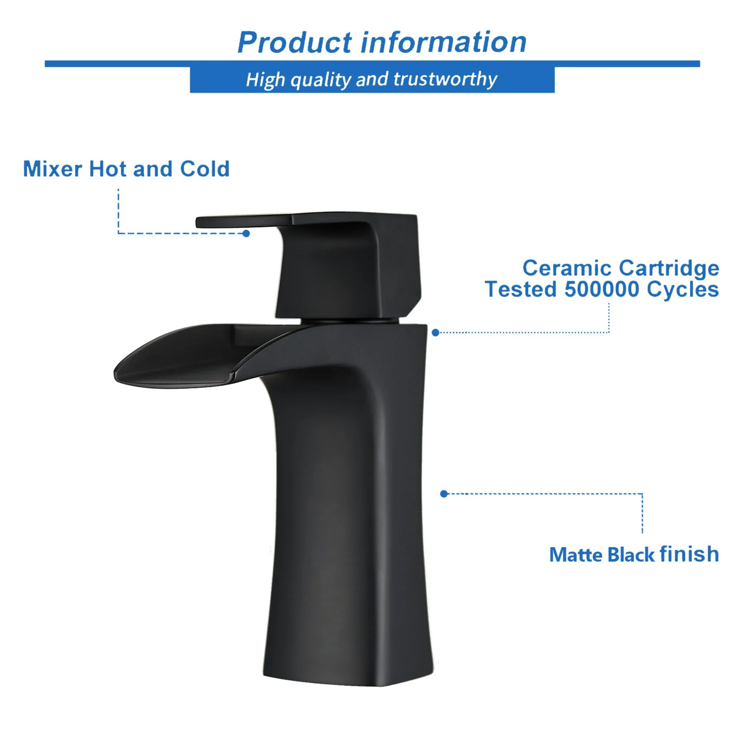 Matte Black Single Handle Single Hole Waterfall Bathroom Faucet Brass with Pop-up Drain - Image 4