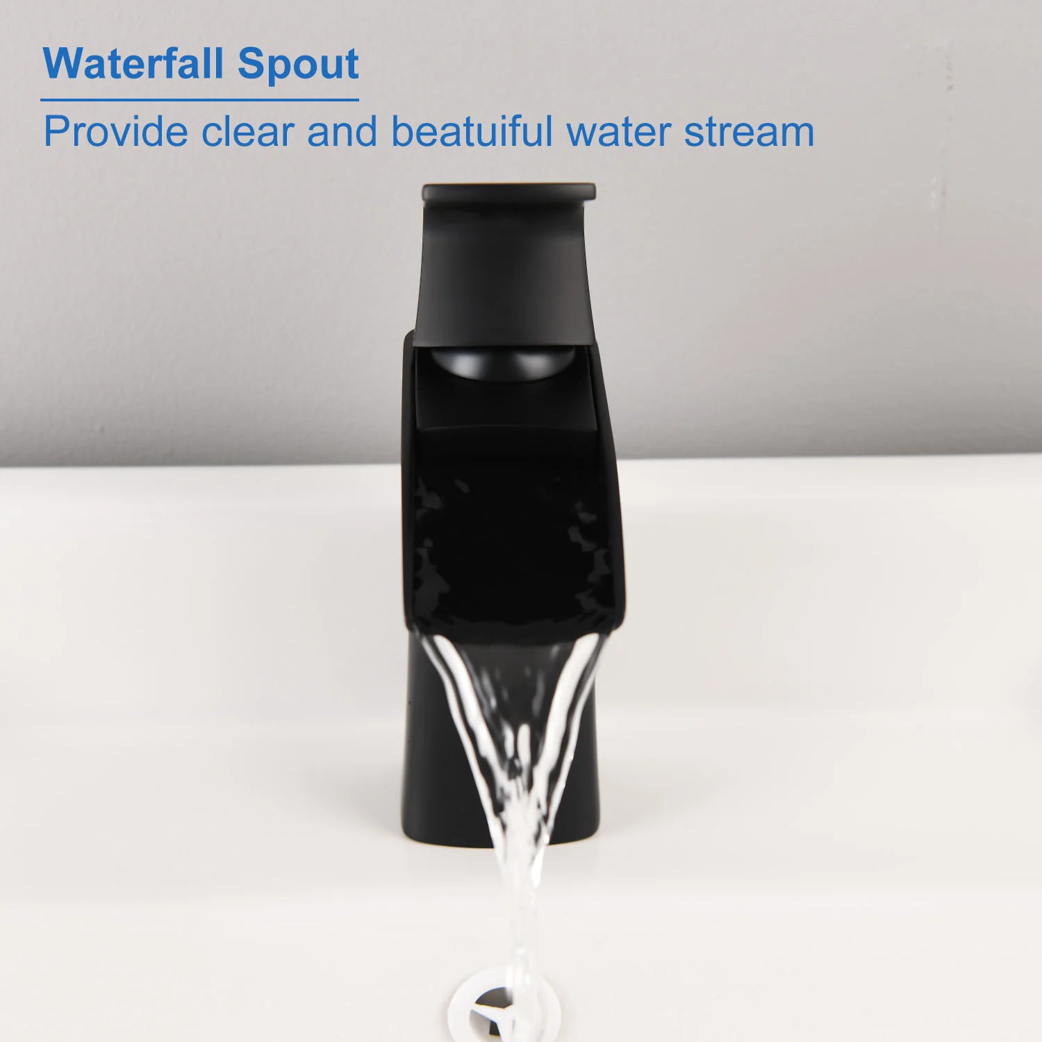 Matte Black Single Handle Single Hole Waterfall Bathroom Faucet Brass with Pop-up Drain - Image 5