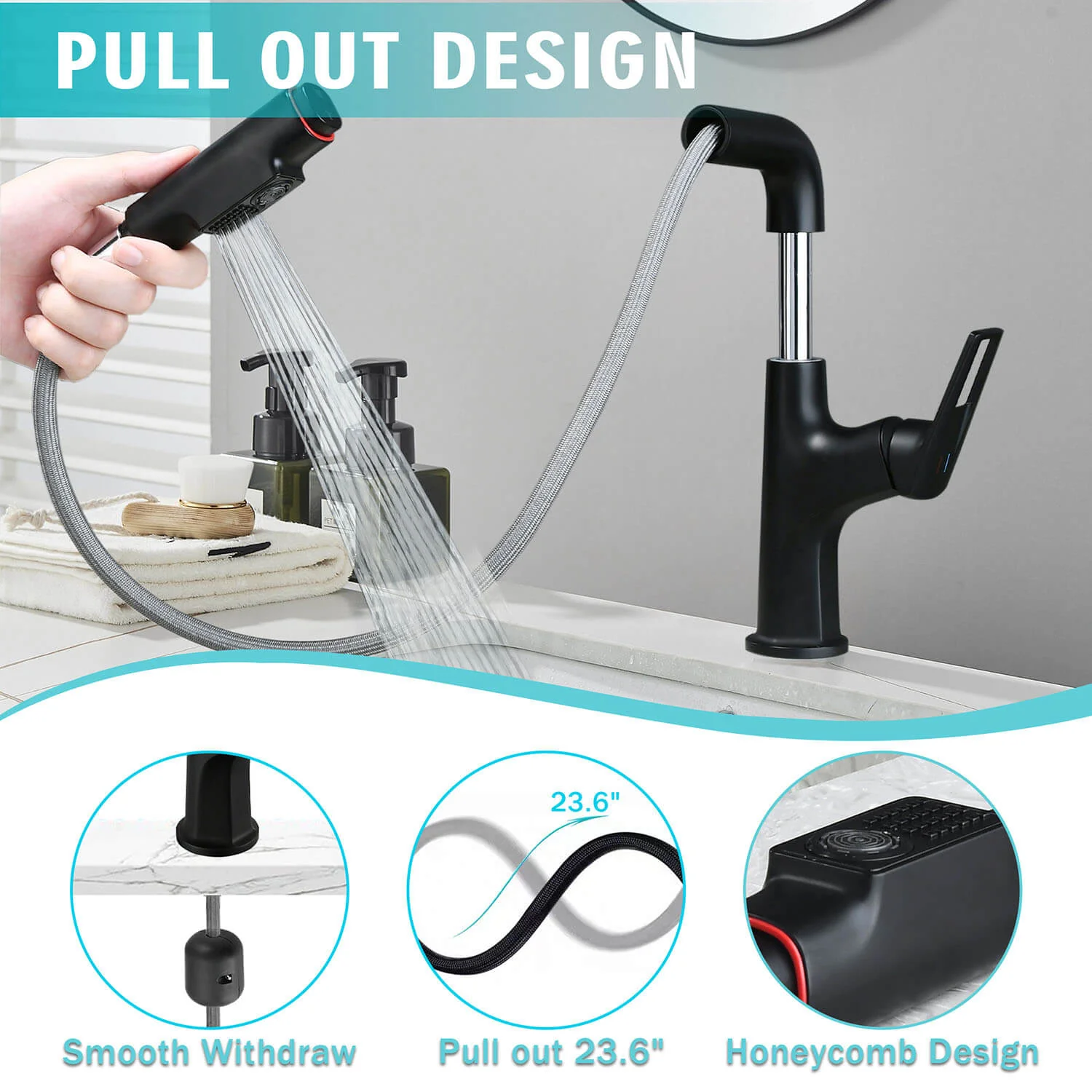 Matte Black Single Hole Pull-Down Bathroom Faucet with Lift Spout & Dual Spray Modes - Image 2
