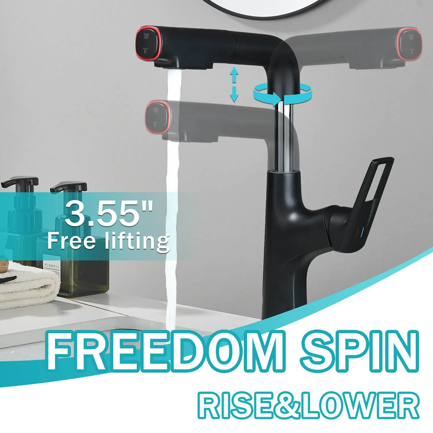 Matte Black Single Hole Pull-Down Bathroom Faucet with Lift Spout & Dual Spray Modes - Image 3