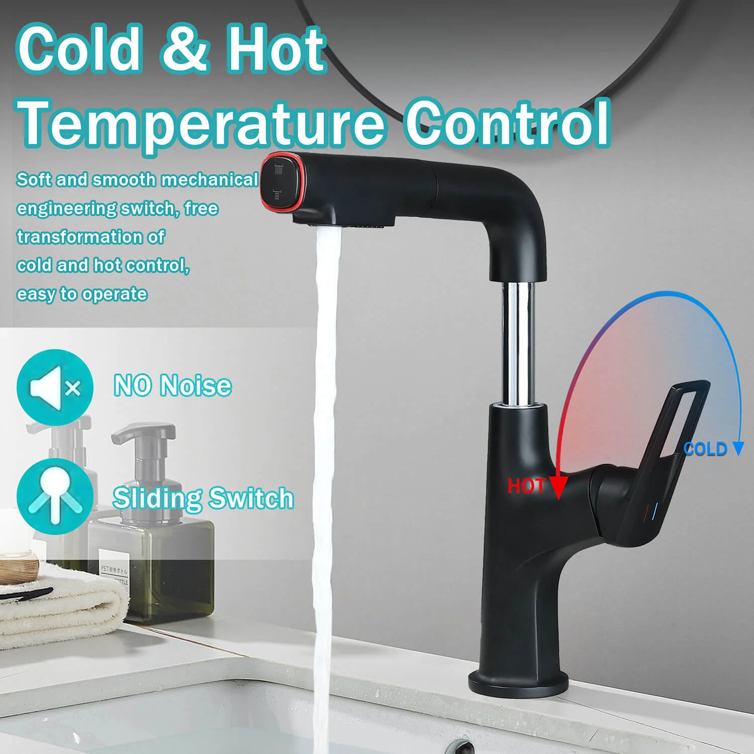 Matte Black Single Hole Pull-Down Bathroom Faucet with Lift Spout & Dual Spray Modes - Image 5