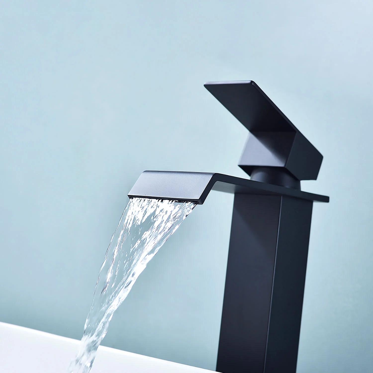 Matte Black Waterfall Spout Single Handle Bathroom Faucet with Deck Plate - Image 2