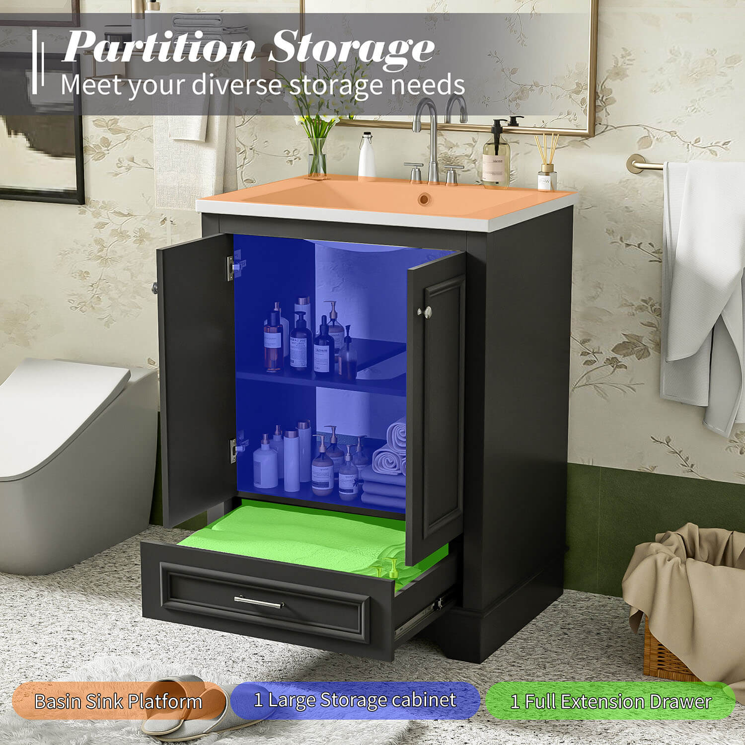 Modern 24" Black Bathroom Vanity with Integrated Ceramic Sink and Soft Closing Doors - Image 3