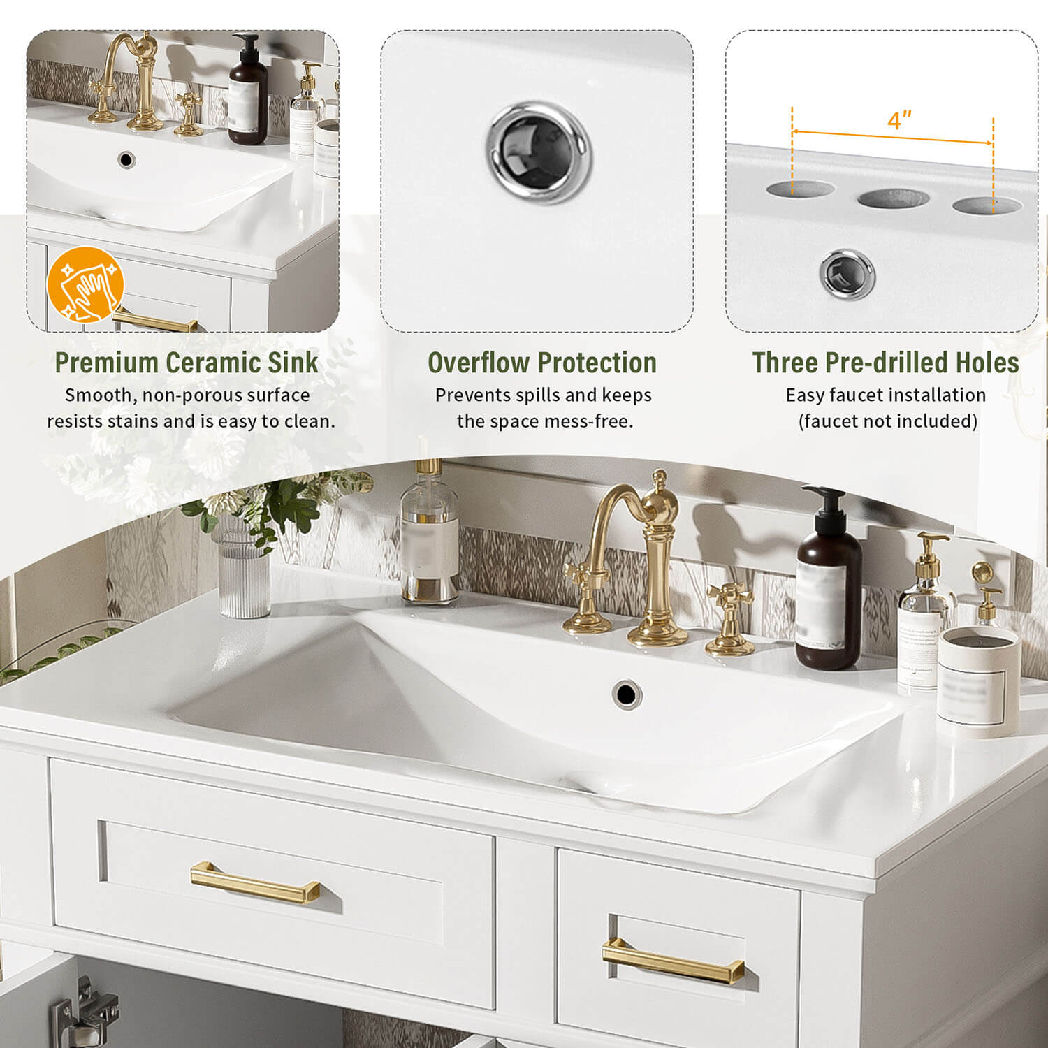 Modern 30" White Solid Wood Bathroom Storage Vanity with Ceramic Sink - Image 3