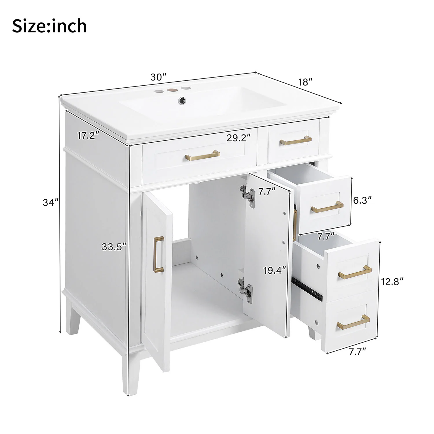Modern 30" White Solid Wood Bathroom Storage Vanity with Ceramic Sink - Image 7