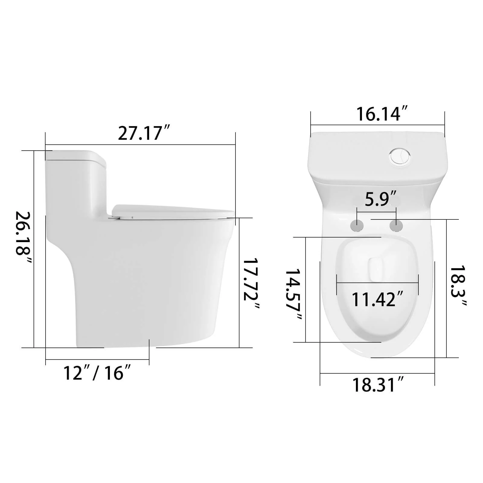 GIVINGTREE Modern Elongated 17.7'' Seat Height One-Piece Toilet with 1.1GPF/1.6 GPF Dual Flushing - Image 12