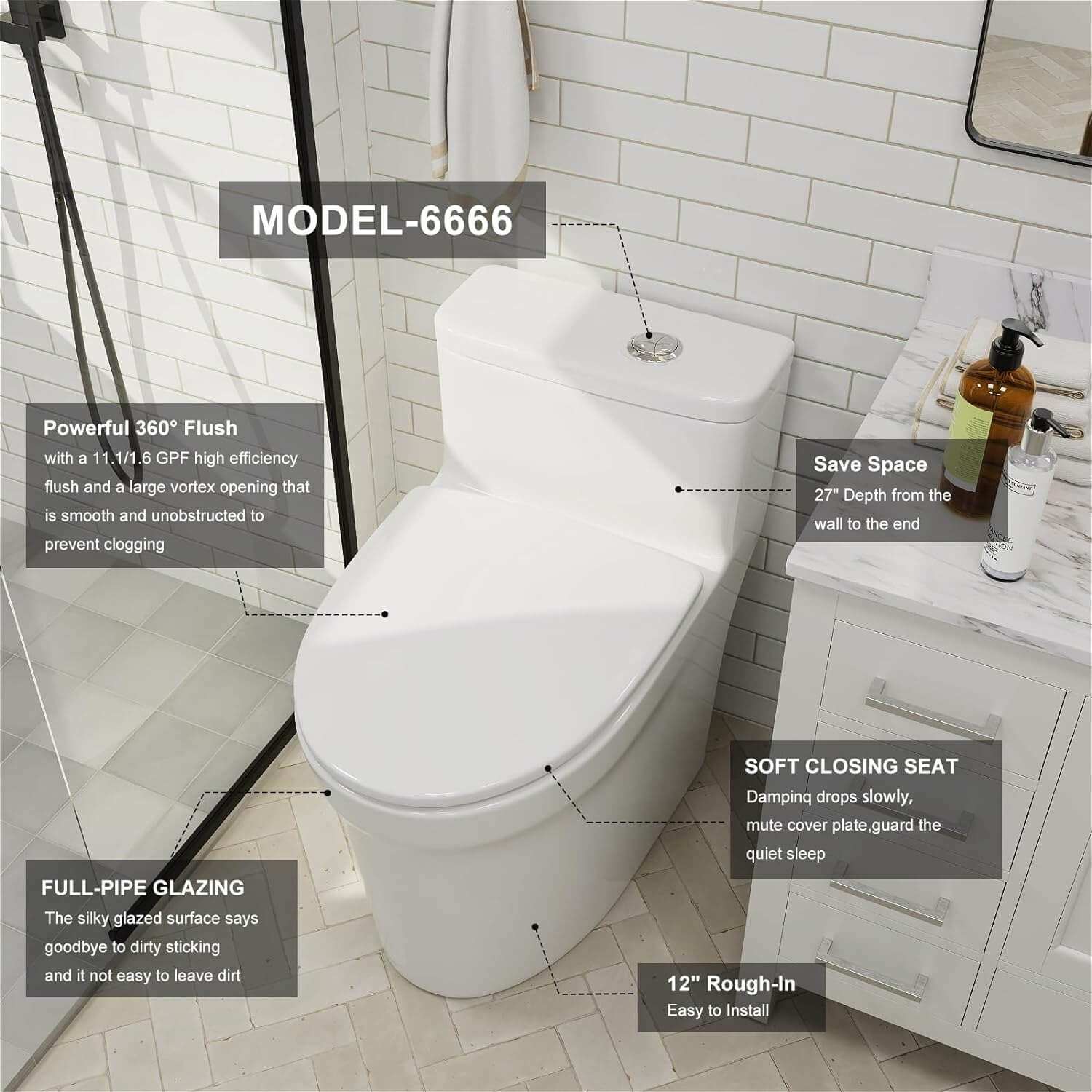GIVINGTREE Modern Elongated 17.7'' Seat Height One-Piece Toilet with 1.1GPF/1.6 GPF Dual Flushing - Image 7