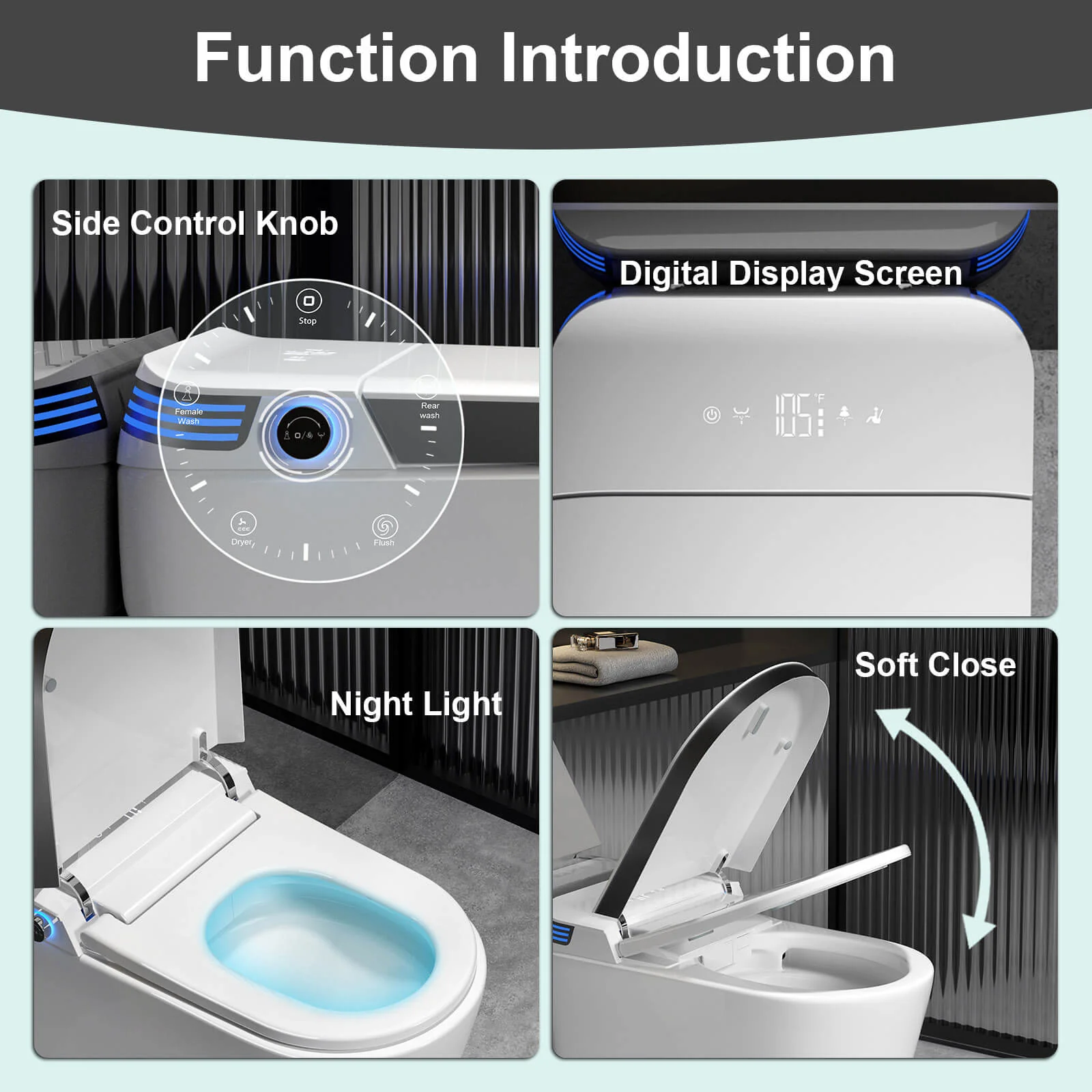 Modern Tankless Smart Bidet Toilet with LED Light, Heated Seat, and Automatic Flush - Image 3
