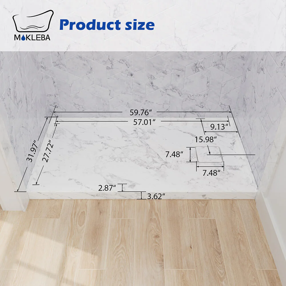 Mokleba 60"x 32" Marble Pattern Right Drain Shower Pan - Image 4