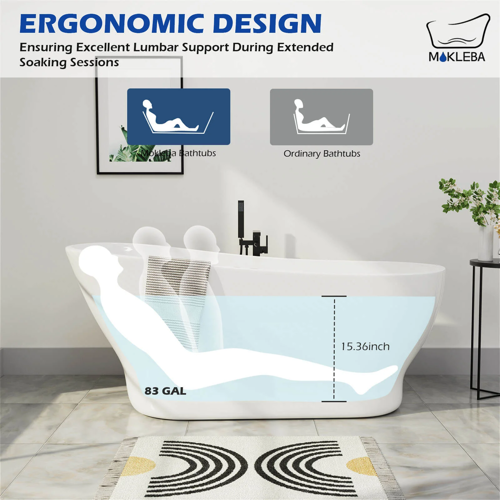 Mokleba 59" Acrylic Single Slipper Tub Curve Shape Freestanding Bathtub - Image 7