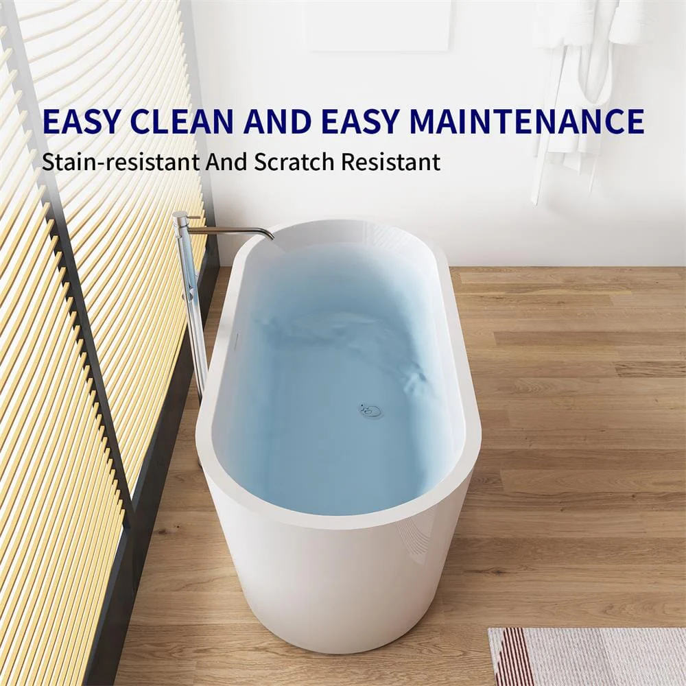 Mokleba 65" Acrylic Oval Flatbottom Freestanding Soaking Bathtub in Glossy White - Image 10