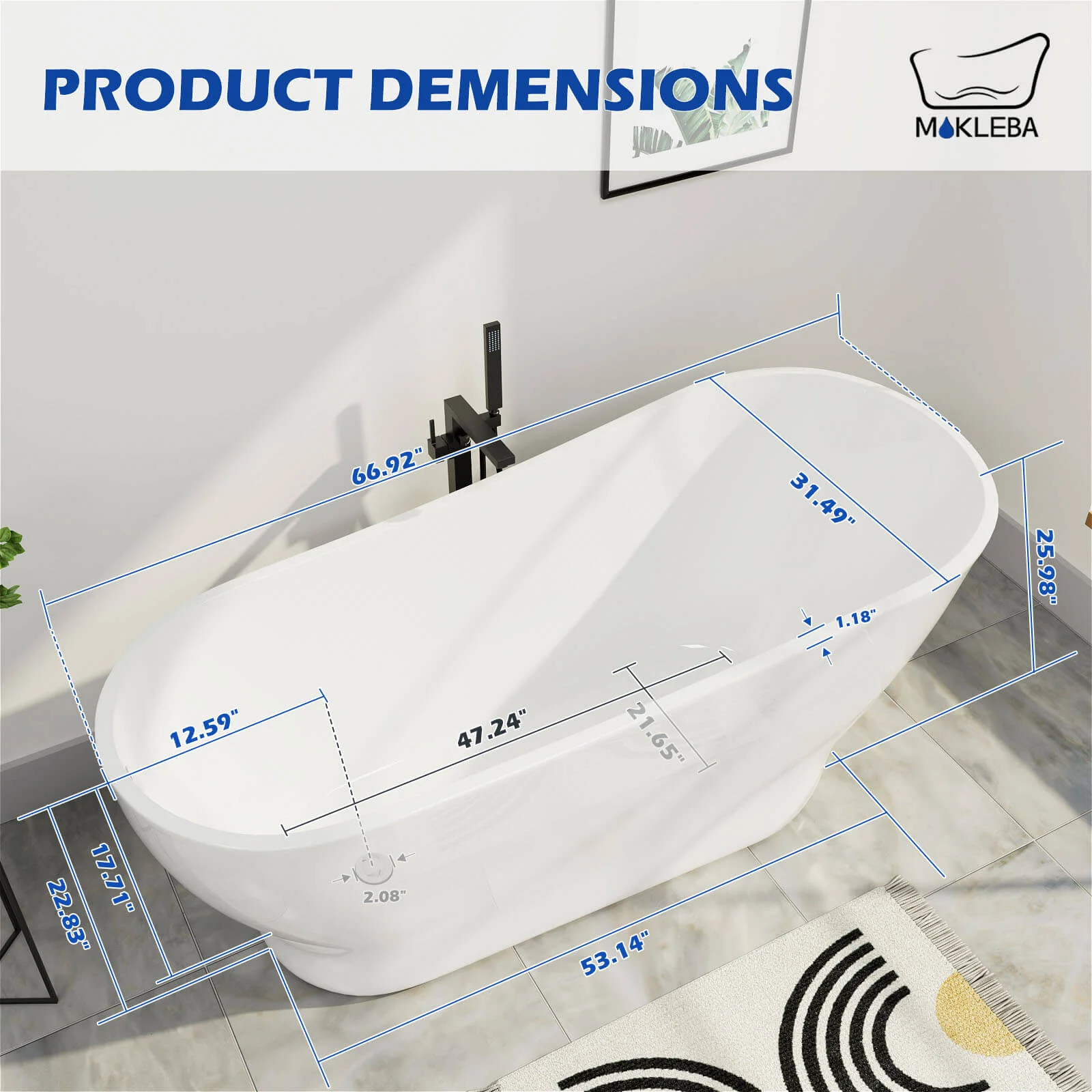 Mokleba 67" Acrylic Single Slipper Tub Curve Shape Freestanding Bathtub - Image 11