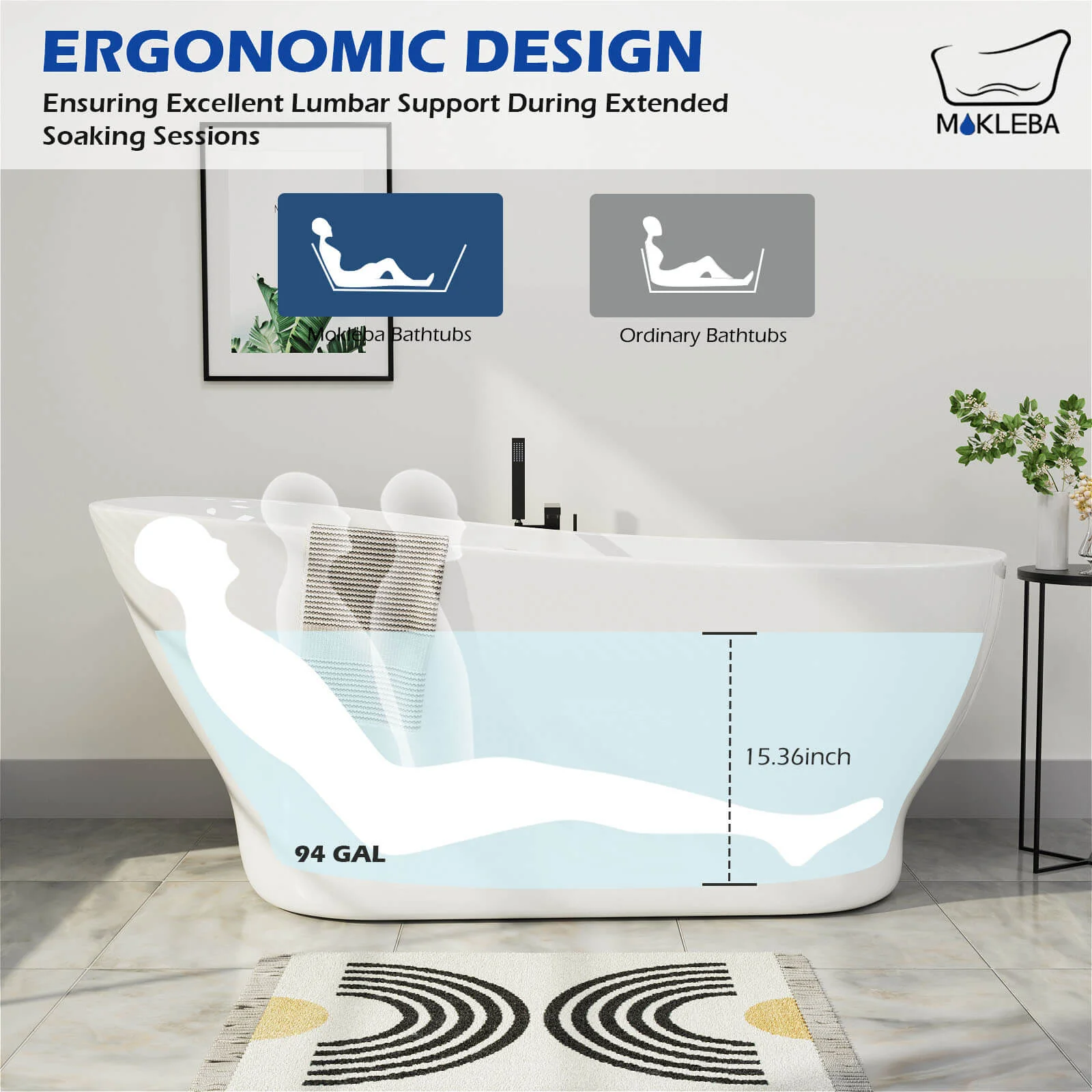 Mokleba 67" Acrylic Single Slipper Tub Curve Shape Freestanding Bathtub - Image 7