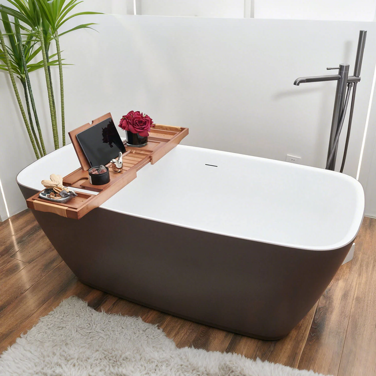 Mokleba Light Walnut Bamboo Bathtub Caddy Tray with Leather Handles - Image 3
