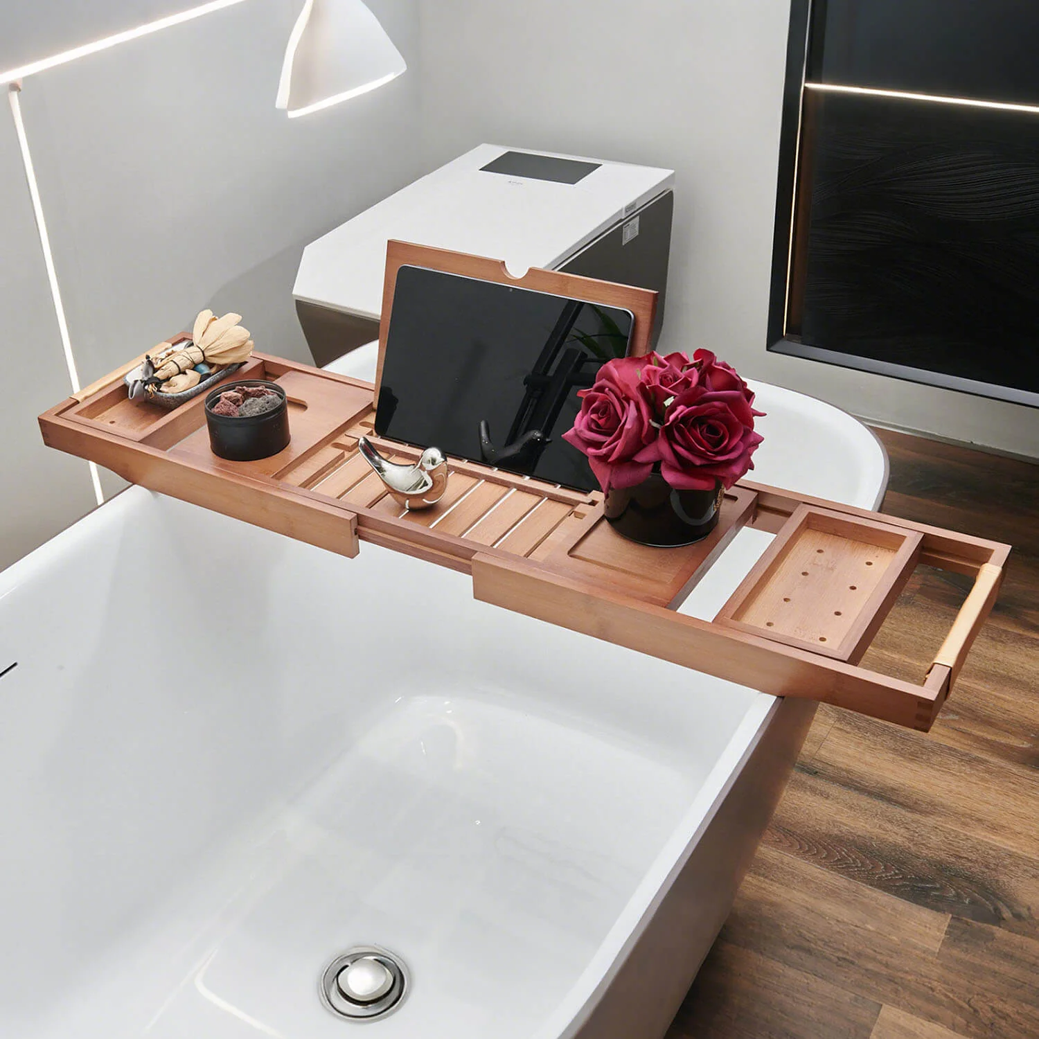 Mokleba Light Walnut Bamboo Bathtub Caddy Tray with Leather Handles - Image 4