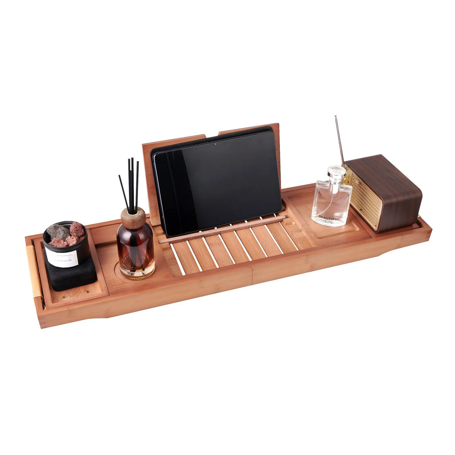 Mokleba Light Walnut Bamboo Bathtub Caddy Tray with Leather Handles - Image 5