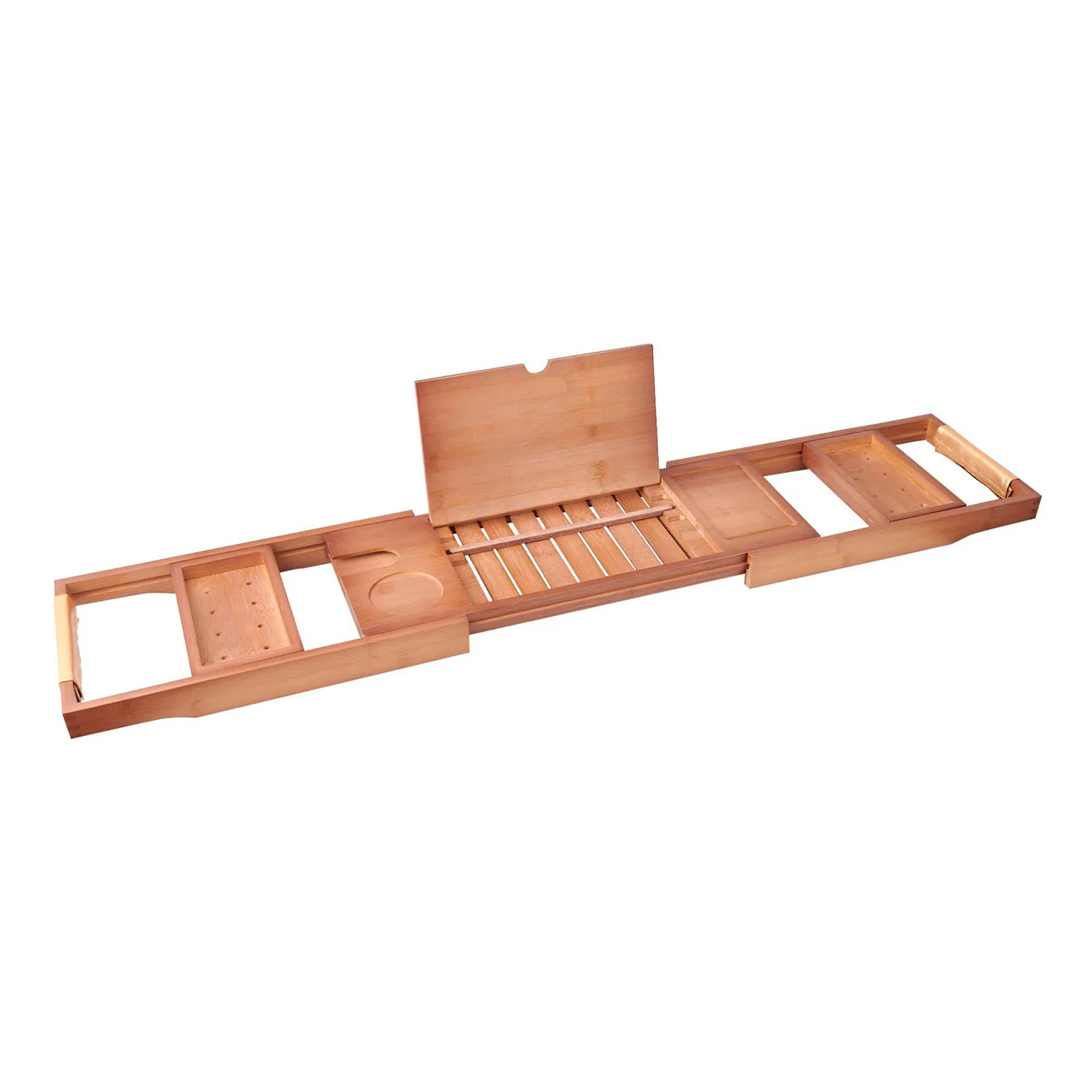 Mokleba Light Walnut Bamboo Bathtub Caddy Tray with Leather Handles - Image 6