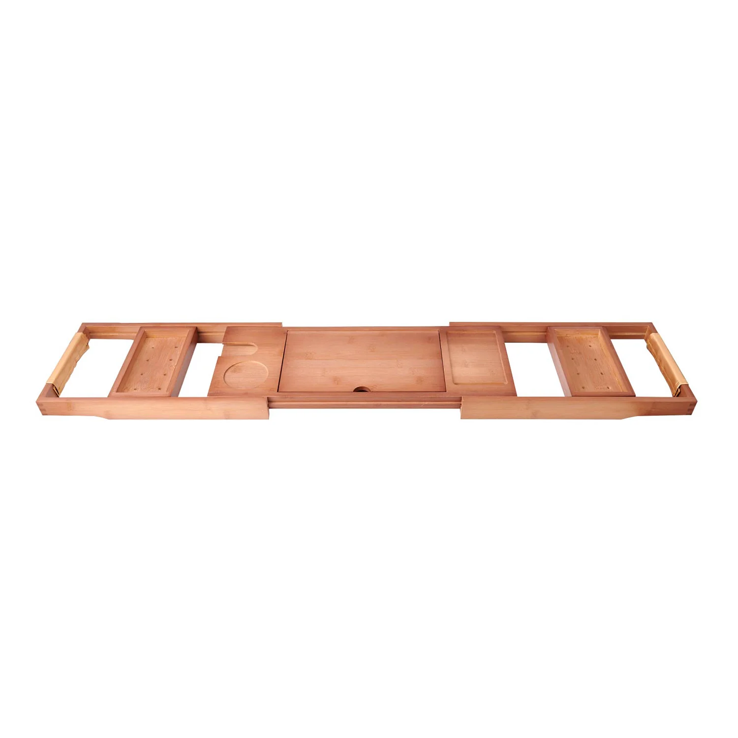 Mokleba Light Walnut Bamboo Bathtub Caddy Tray with Leather Handles - Image 7