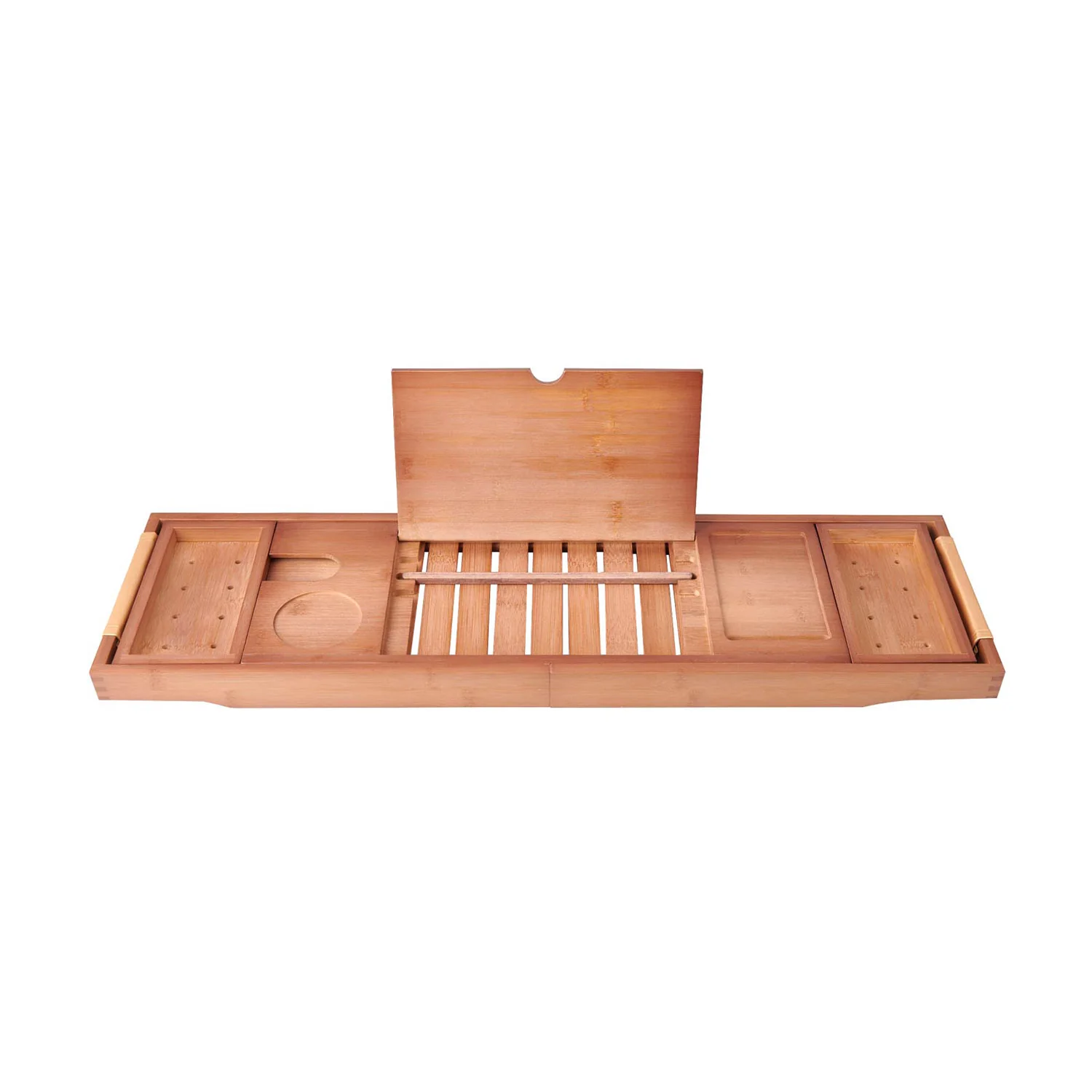 Mokleba Light Walnut Bamboo Bathtub Caddy Tray with Leather Handles - Image 8
