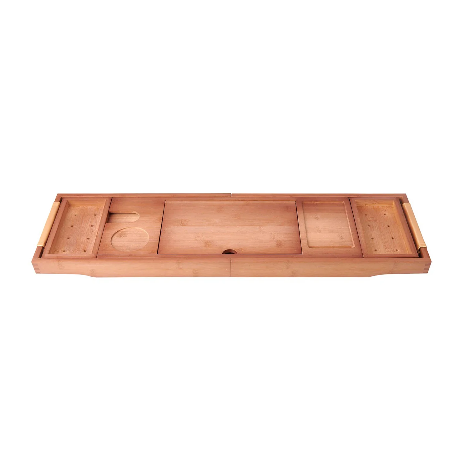 Mokleba Light Walnut Bamboo Bathtub Caddy Tray with Leather Handles - Image 9