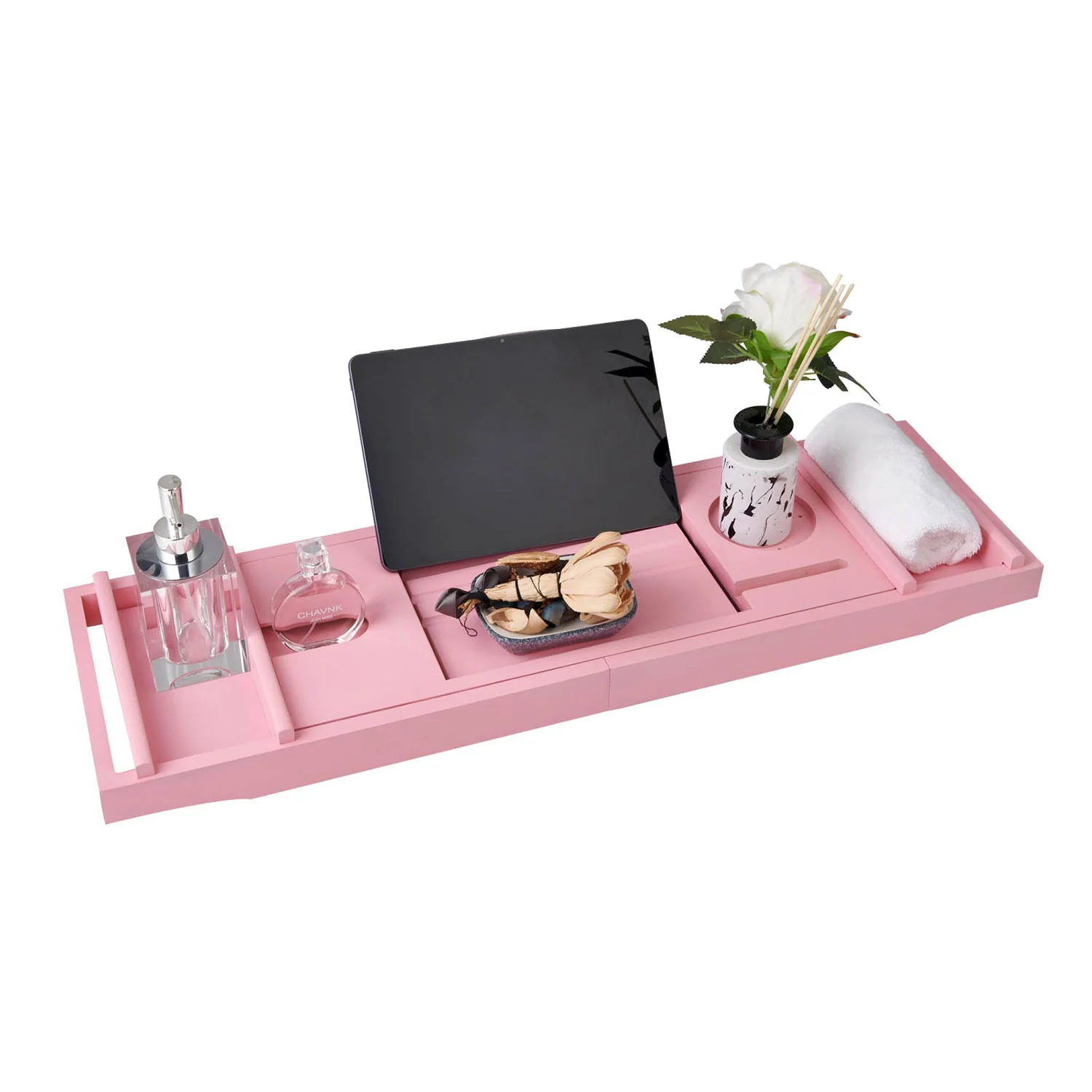 Mokleba Pink Bamboo Bathtub Caddy Tray with Soap Tray, Tablet Holder - Image 8