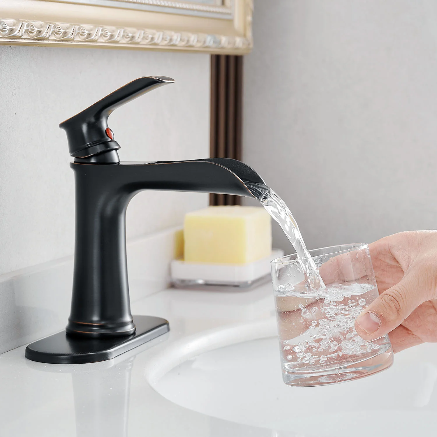 Oil-Rubbed Bronze Single Handle Waterfall Bathroom Faucet with Pop Up Drain and Deck Plate