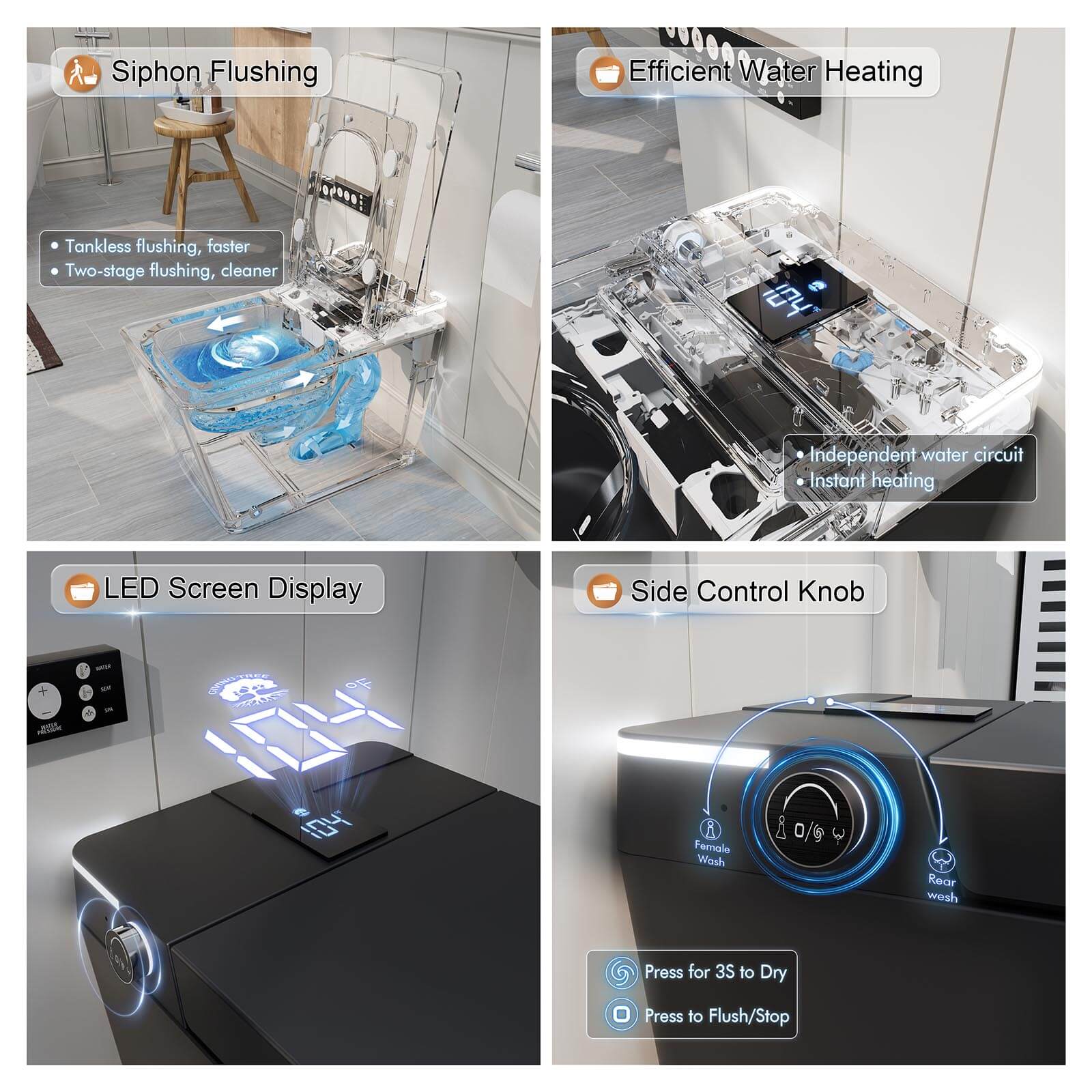 Giving Tree One-Piece Floor-Mounted Square Smart Toilet with Remote Control and Automatic Cover - Image 11