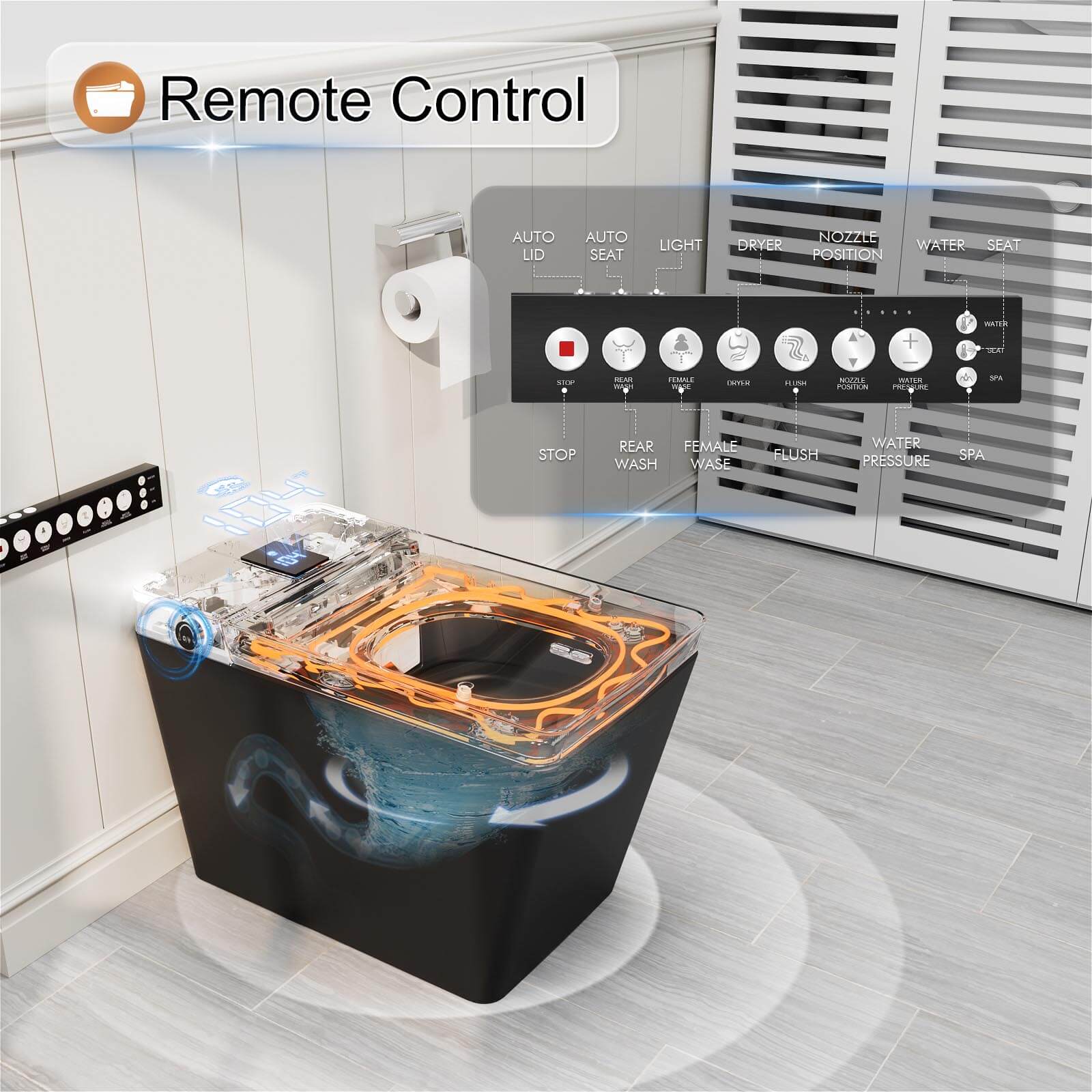 Giving Tree One-Piece Floor-Mounted Square Smart Toilet with Remote Control and Automatic Cover - Image 14