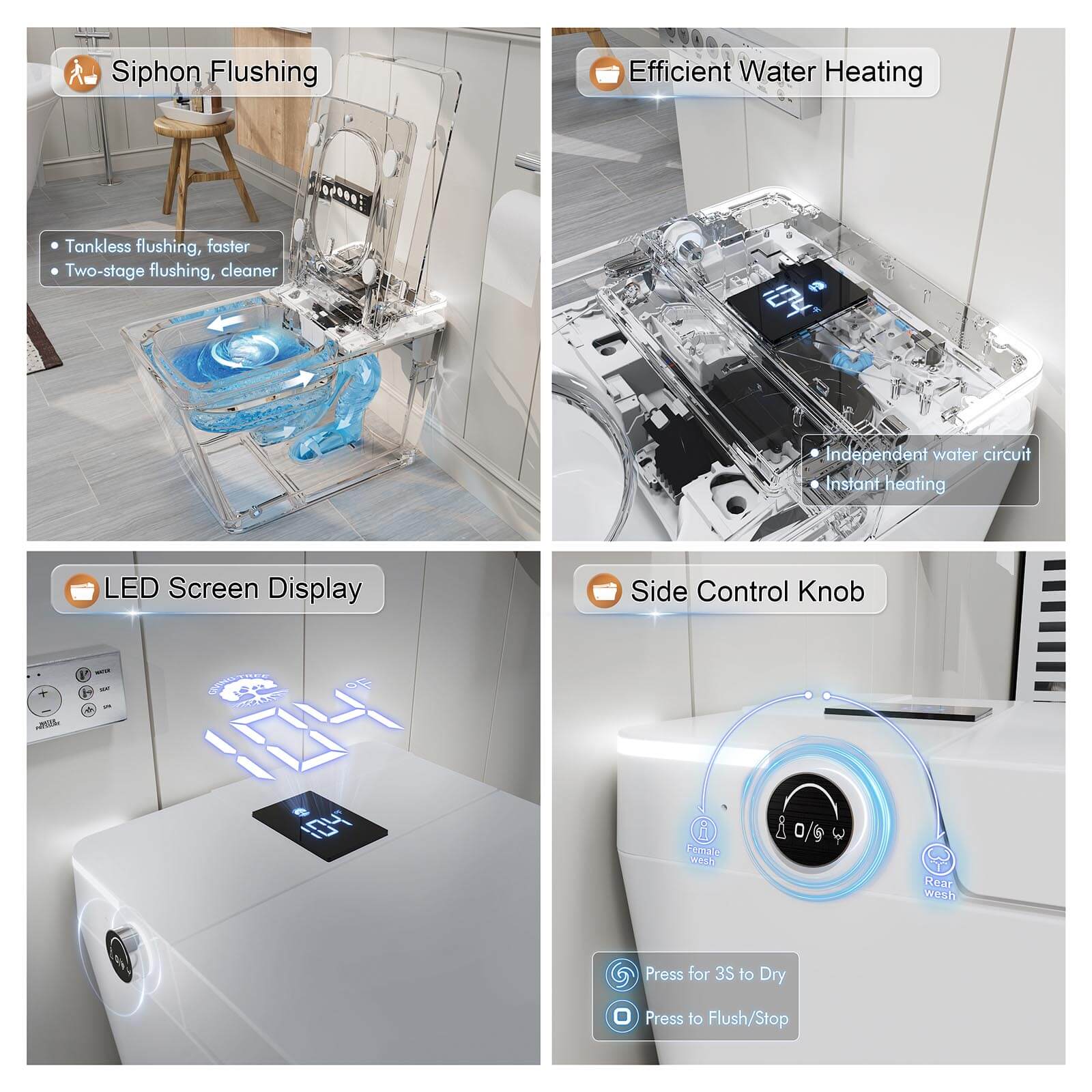 Giving Tree One-Piece Floor-Mounted Square Smart Toilet with Remote Control and Automatic Cover - Image 26