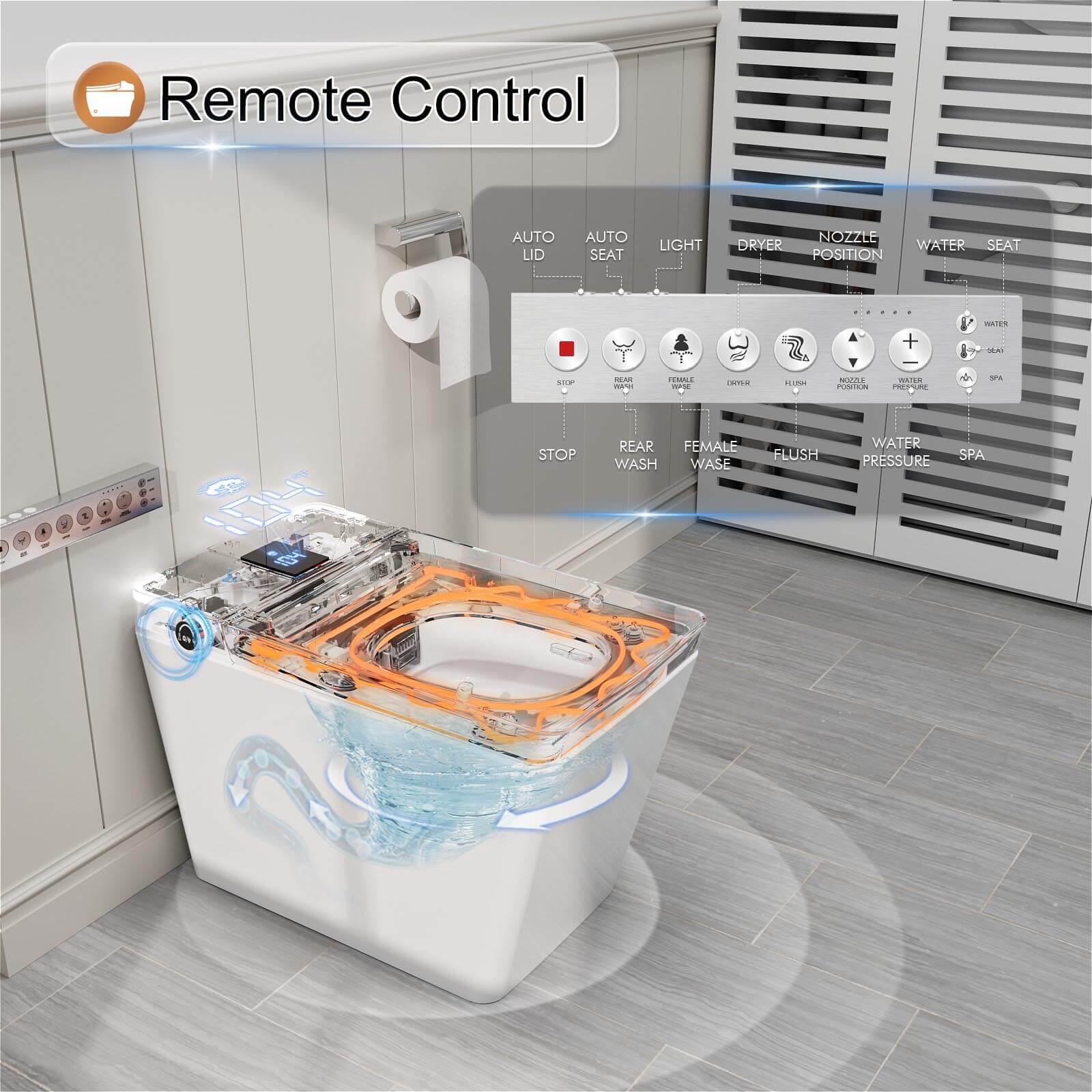 Giving Tree One-Piece Floor-Mounted Square Smart Toilet with Remote Control and Automatic Cover - Image 29