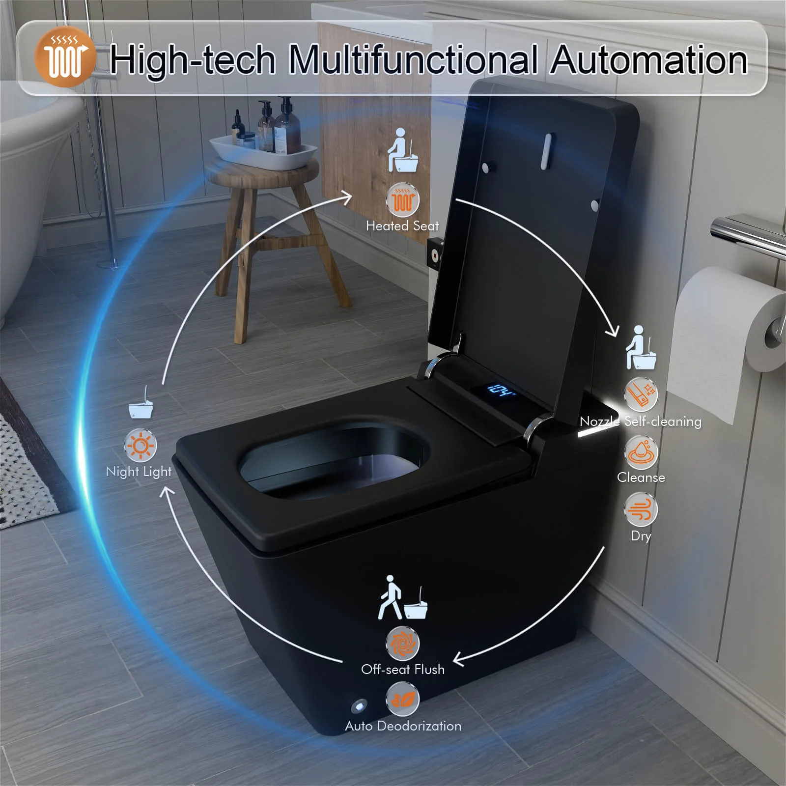 Giving Tree One-Piece Floor-Mounted Square Smart Toilet with Remote Control and Automatic Cover - Image 7
