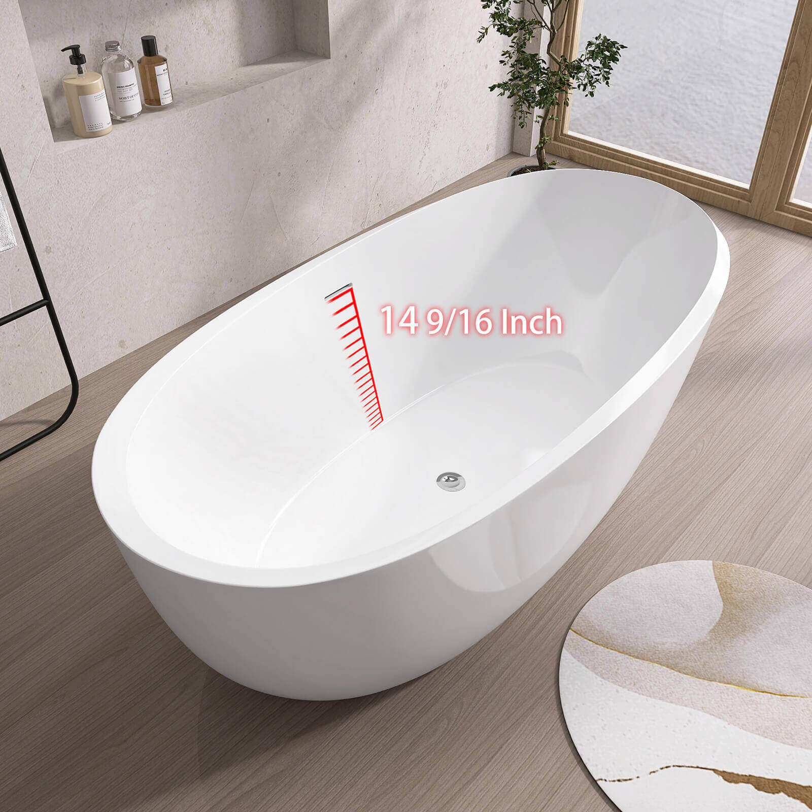 59" Oval Glossy White Thick-Rim Acrylic Bathtub - Image 11