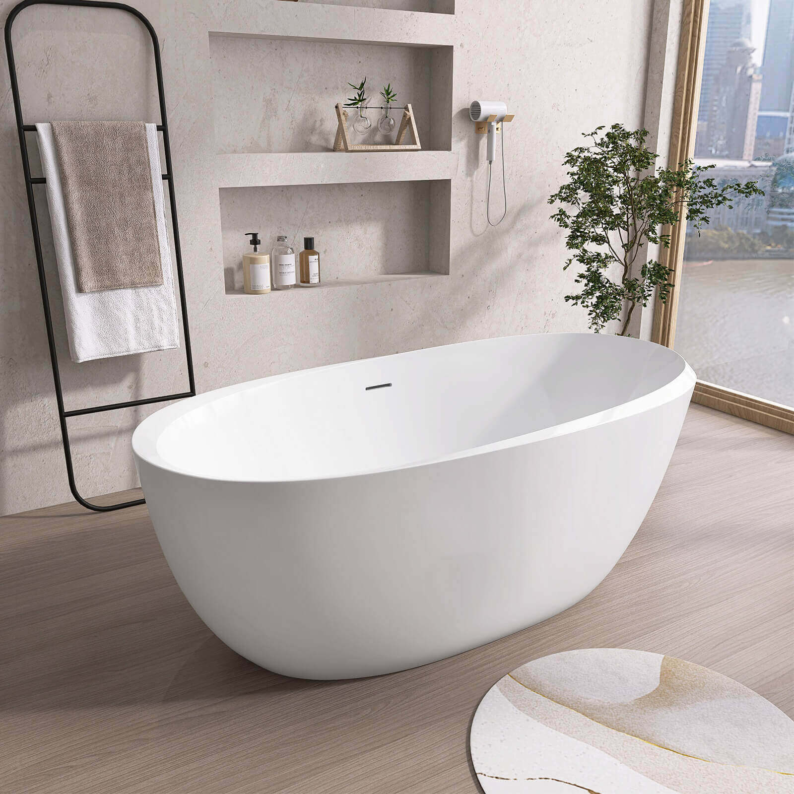 59" Oval Glossy White Thick-Rim Acrylic Bathtub - Image 2