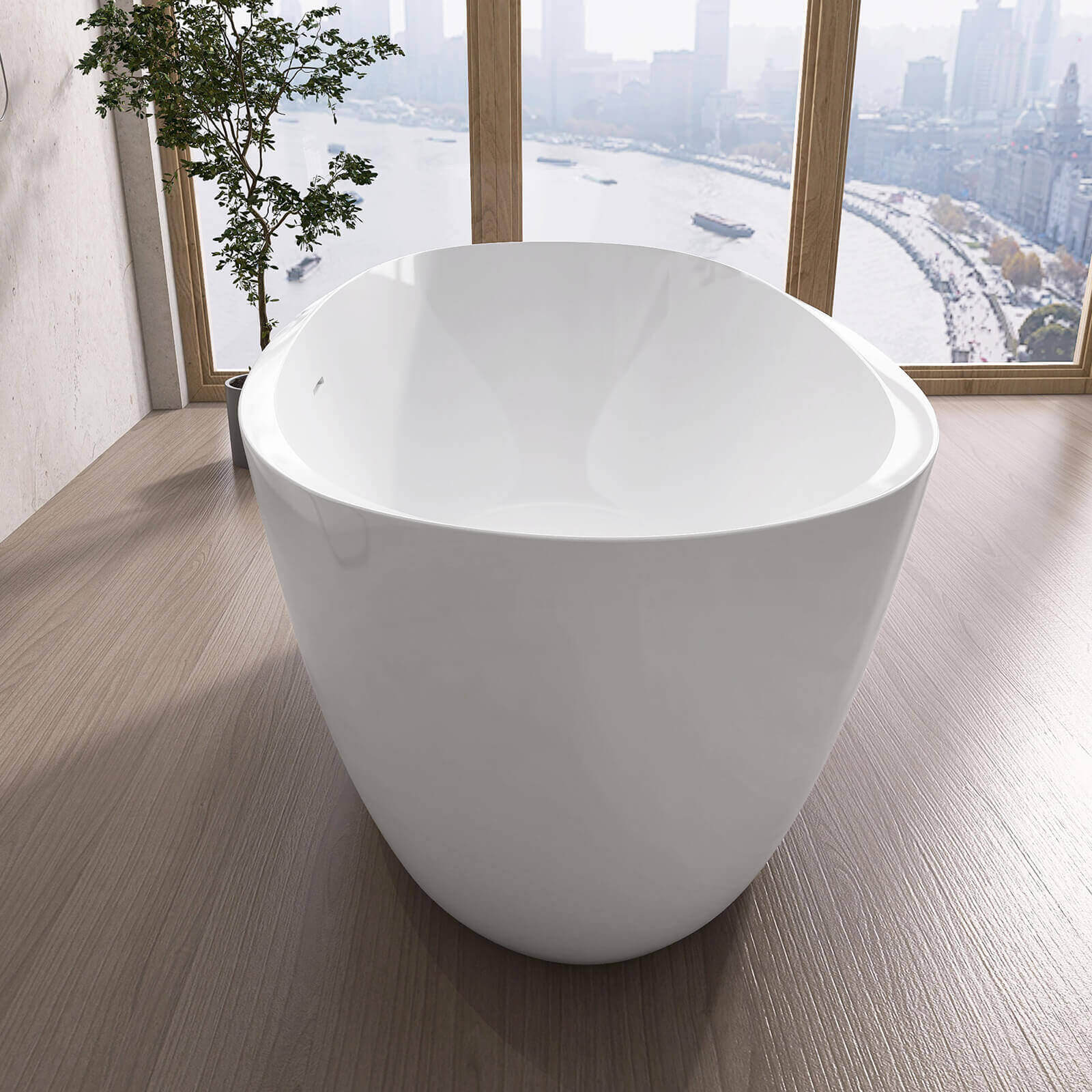 59" Oval Glossy White Thick-Rim Acrylic Bathtub - Image 3
