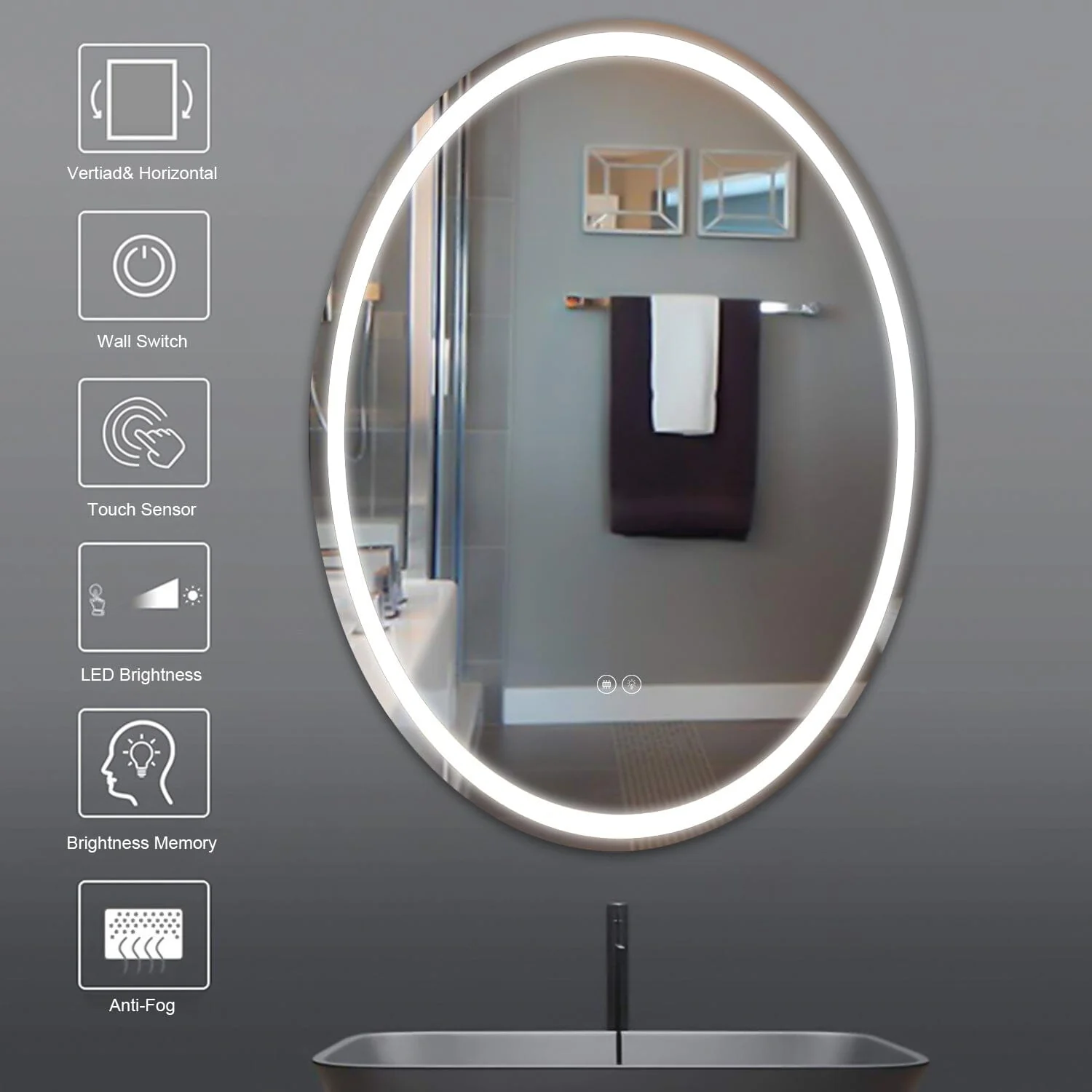 24 x 32 Inch Oval Wall-Mounted Bathroom Vanity Mirror LED Dimmable Anti-Fog - Image 5