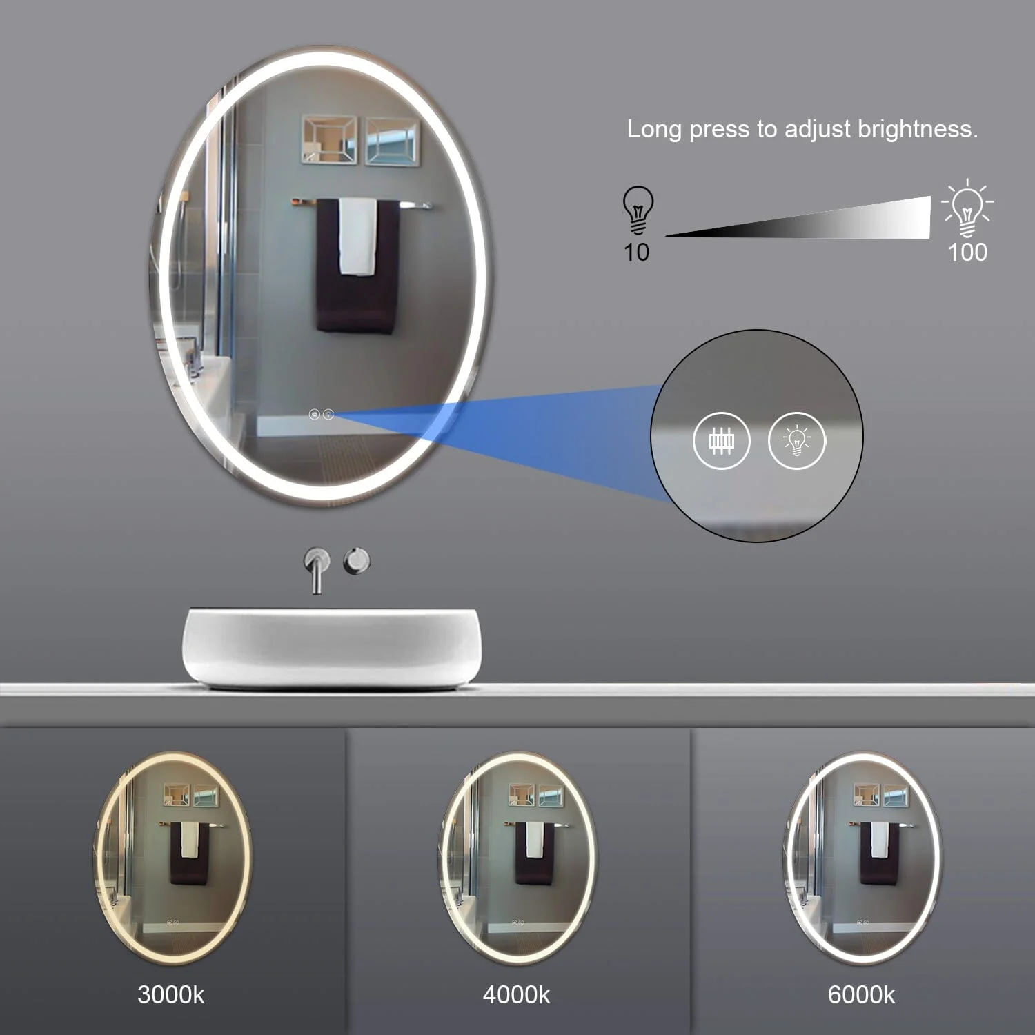24 x 32 Inch Oval Wall-Mounted Bathroom Vanity Mirror LED Dimmable Anti-Fog - Image 7